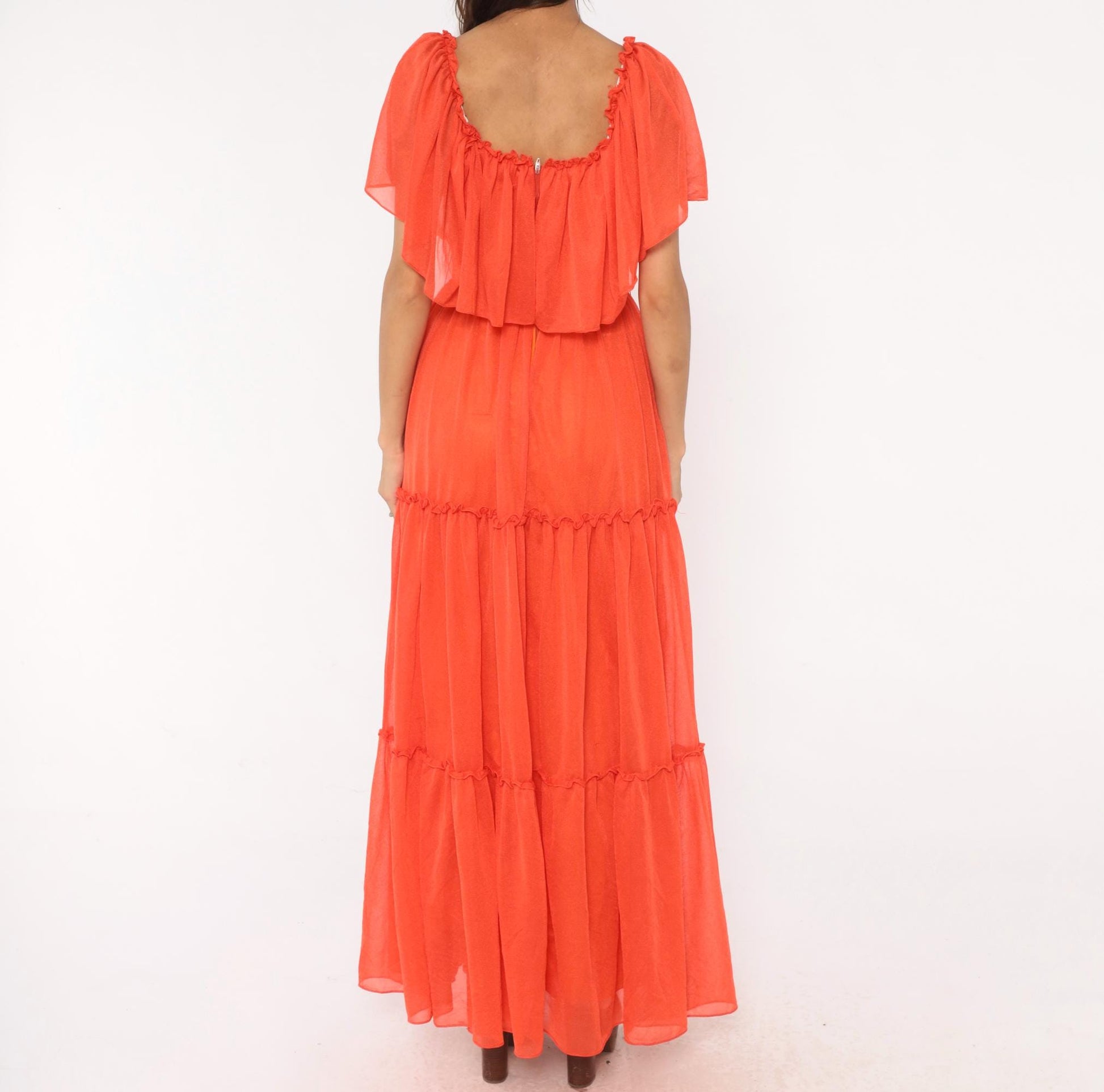 70s Coral Orange Maxi Dress Tiered Ruffle Cape Flutter Sleeve Small