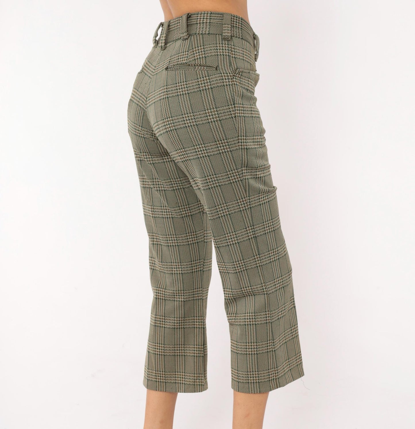 70s Chess Man Glen Plaid Cropped Flare Trousers Olive Tan Extra Small XS