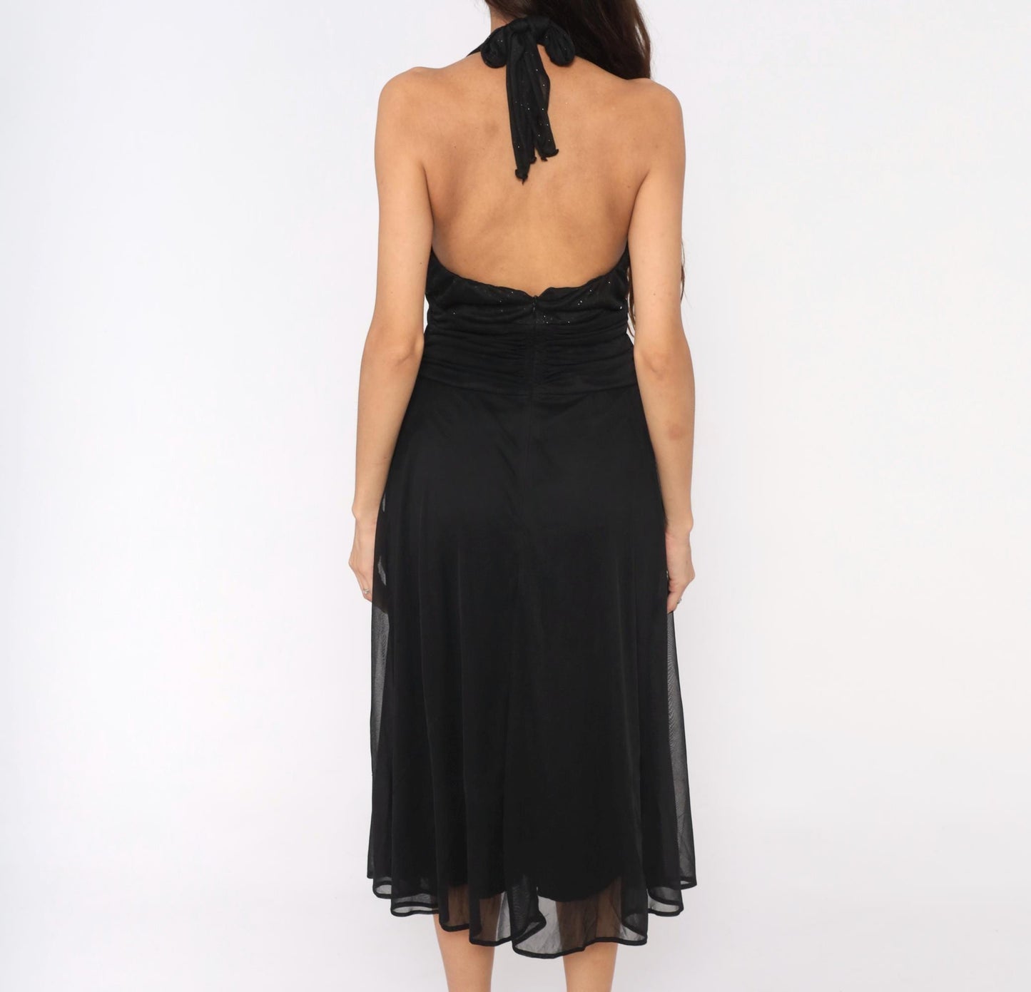90s Black Halter Midi Dress Deep V Glitter Mesh Open Back Medium