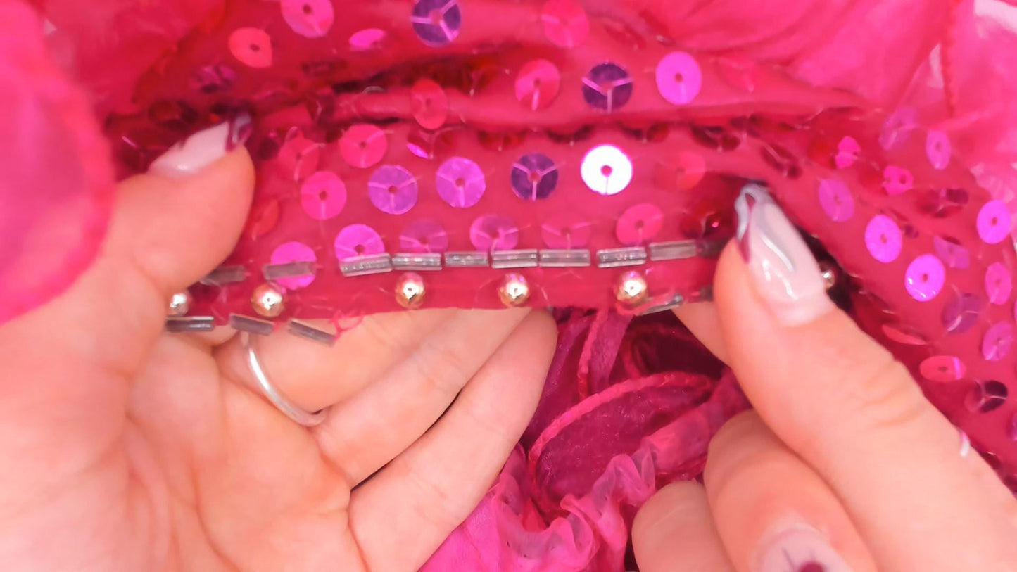 80s Fuchsia Sequin Mini Dress Heart Cutout Puff Sleeve Beaded Extra Small
