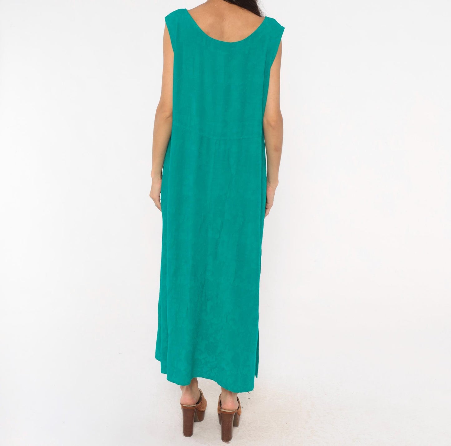 90s Karin Stevens Teal Maxi Dress Sleeveless Empire Waist Ankle Length Large L