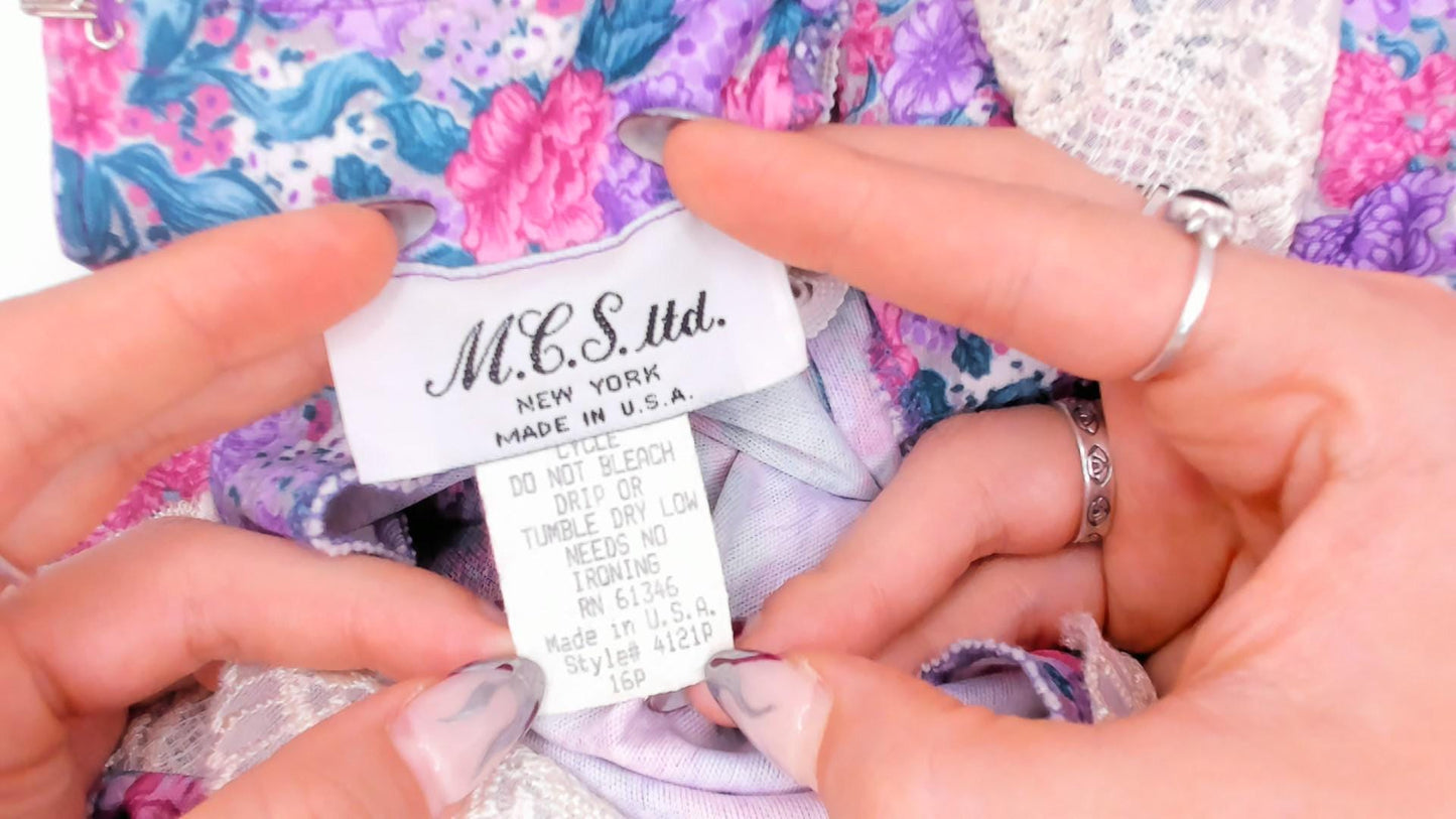 80s M.C.S.Ltd. Floral Midi Dress Puff Sleeve Peter Pan Collar Purple Large L