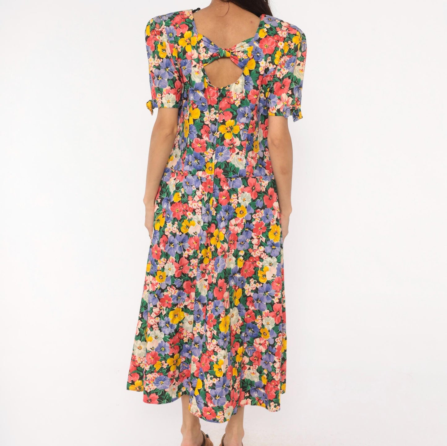 90s Kwai Floral Midi Dress Cutout Back Puff Sleeve Cotton Medium M