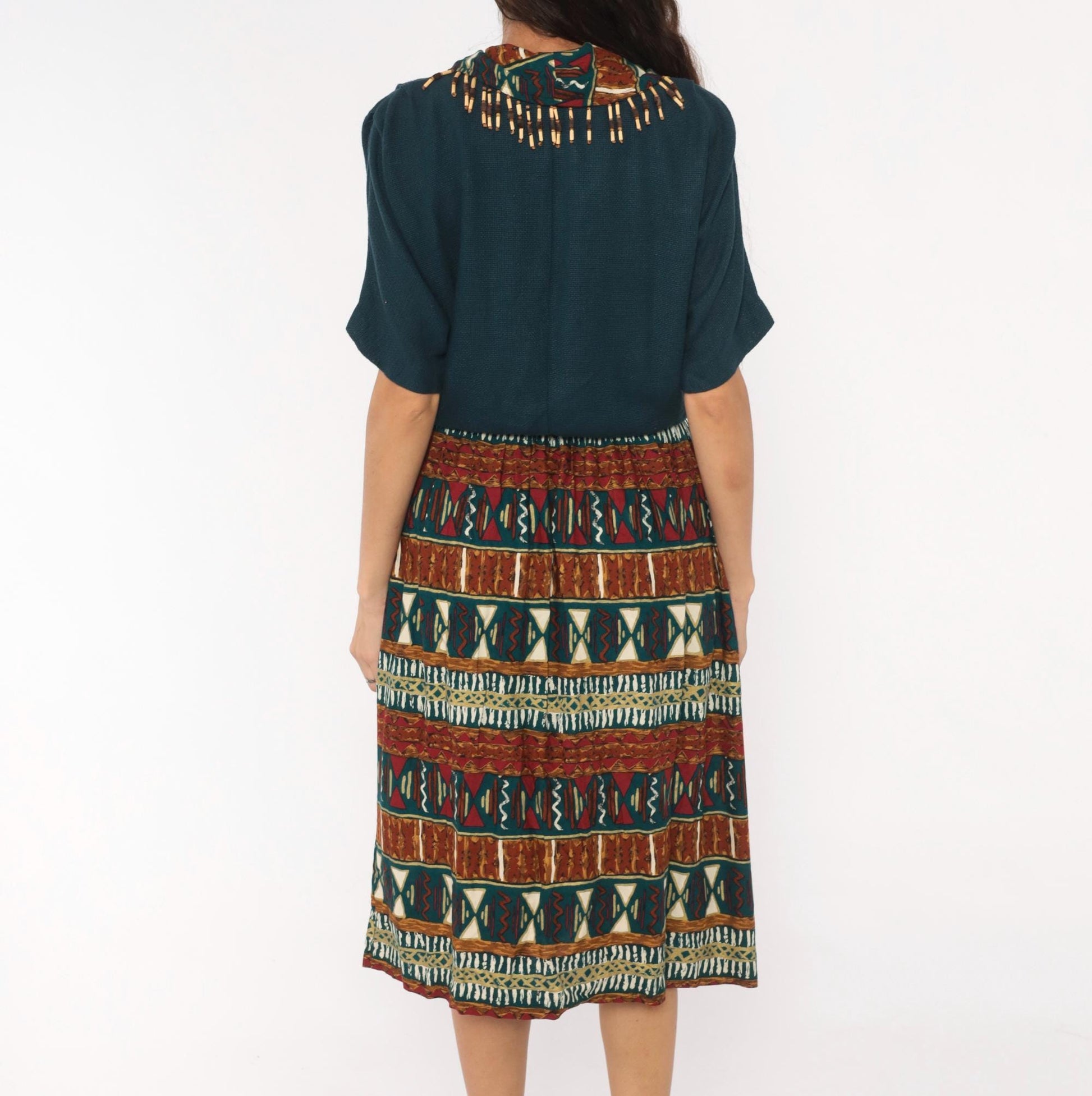 90s Stuart Alan Petites Tribal Print Dress Teal Burgundy Midi V Neck Medium