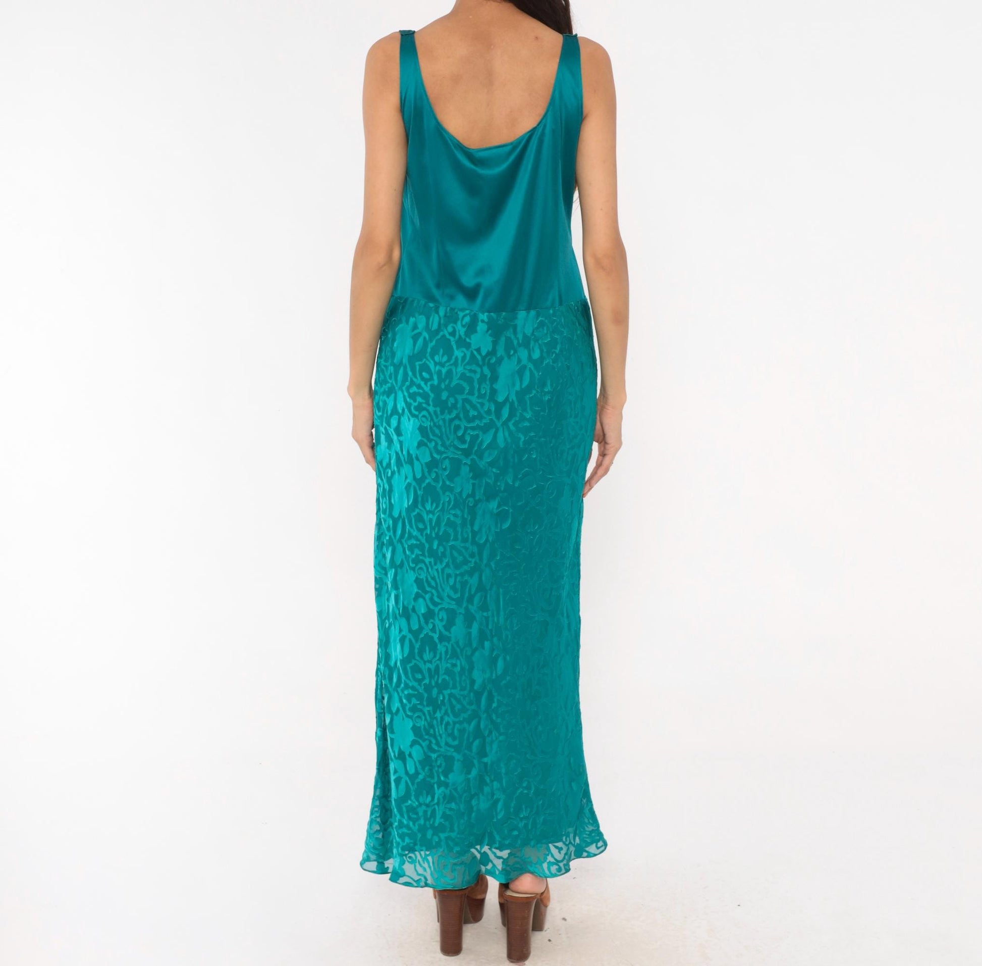 Y2K Cattiva Teal Silk Burnout Maxi Dress Floral Devore Scoop Neck Medium M