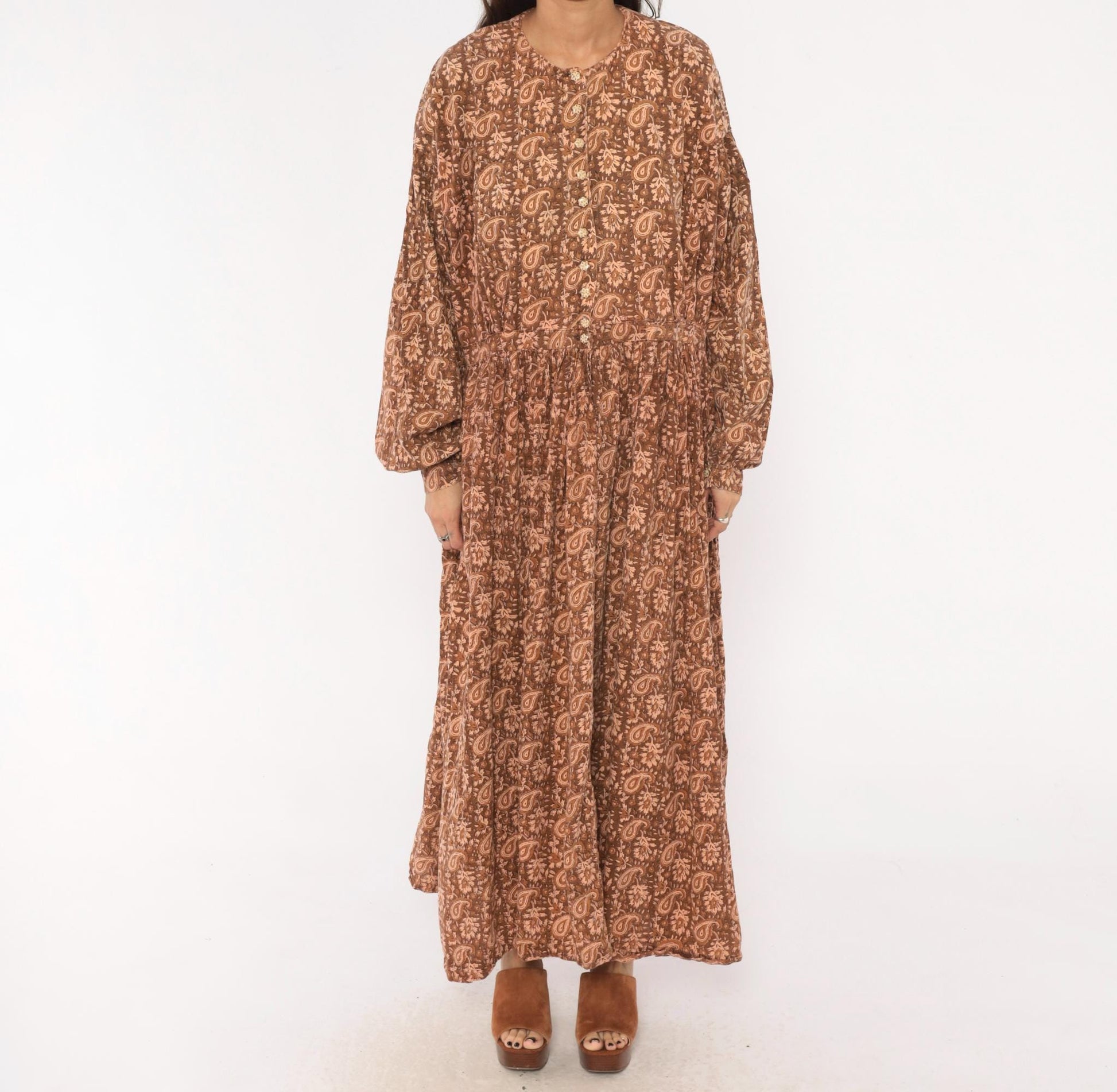 90s Brown Paisley Floral Maxi Dress Cotton Button Front Balloon Sleeve Large