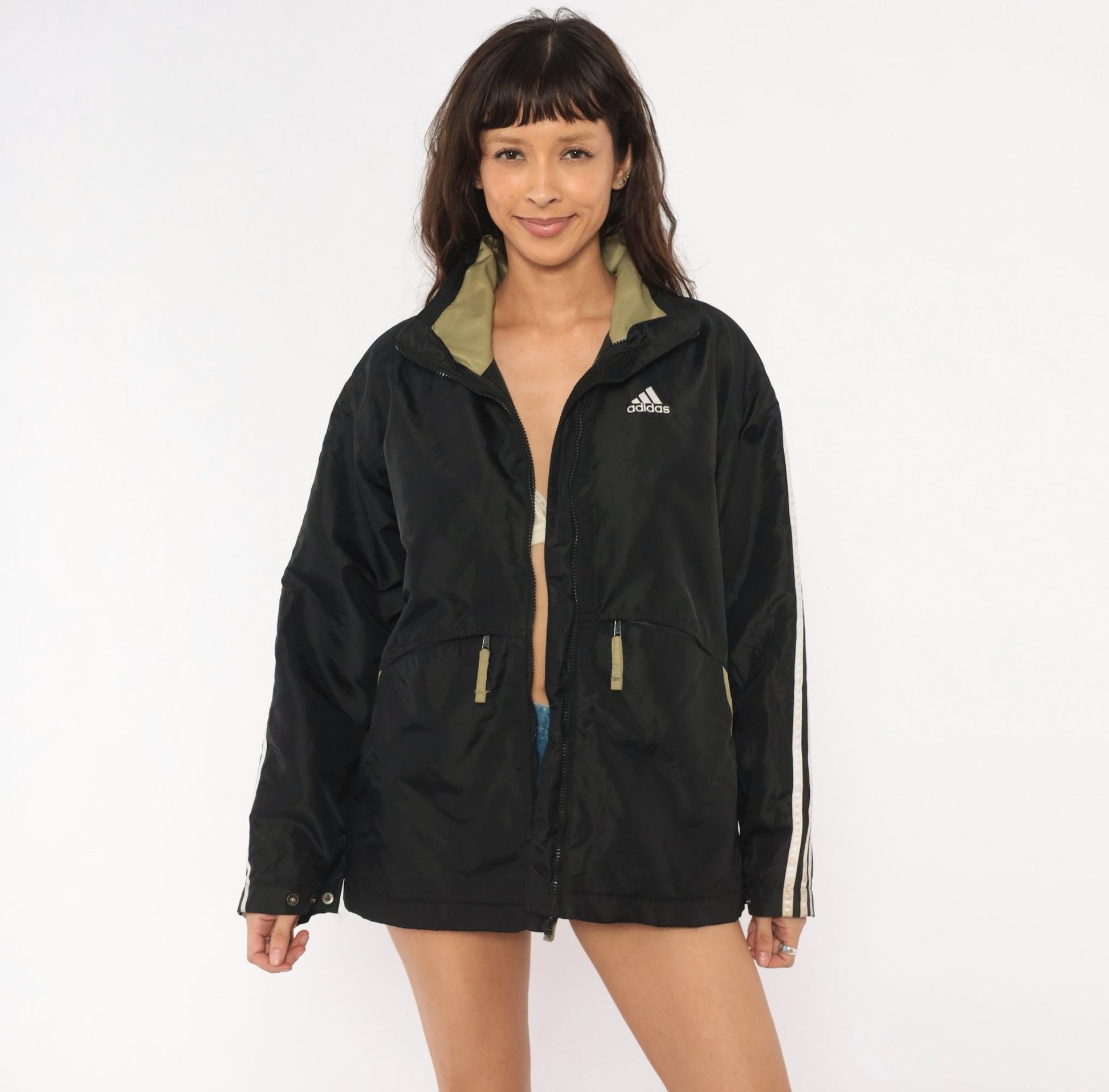 90s Adidas Windbreaker Black Olive Three Stripe Hooded Nylon Jacket Medium M
