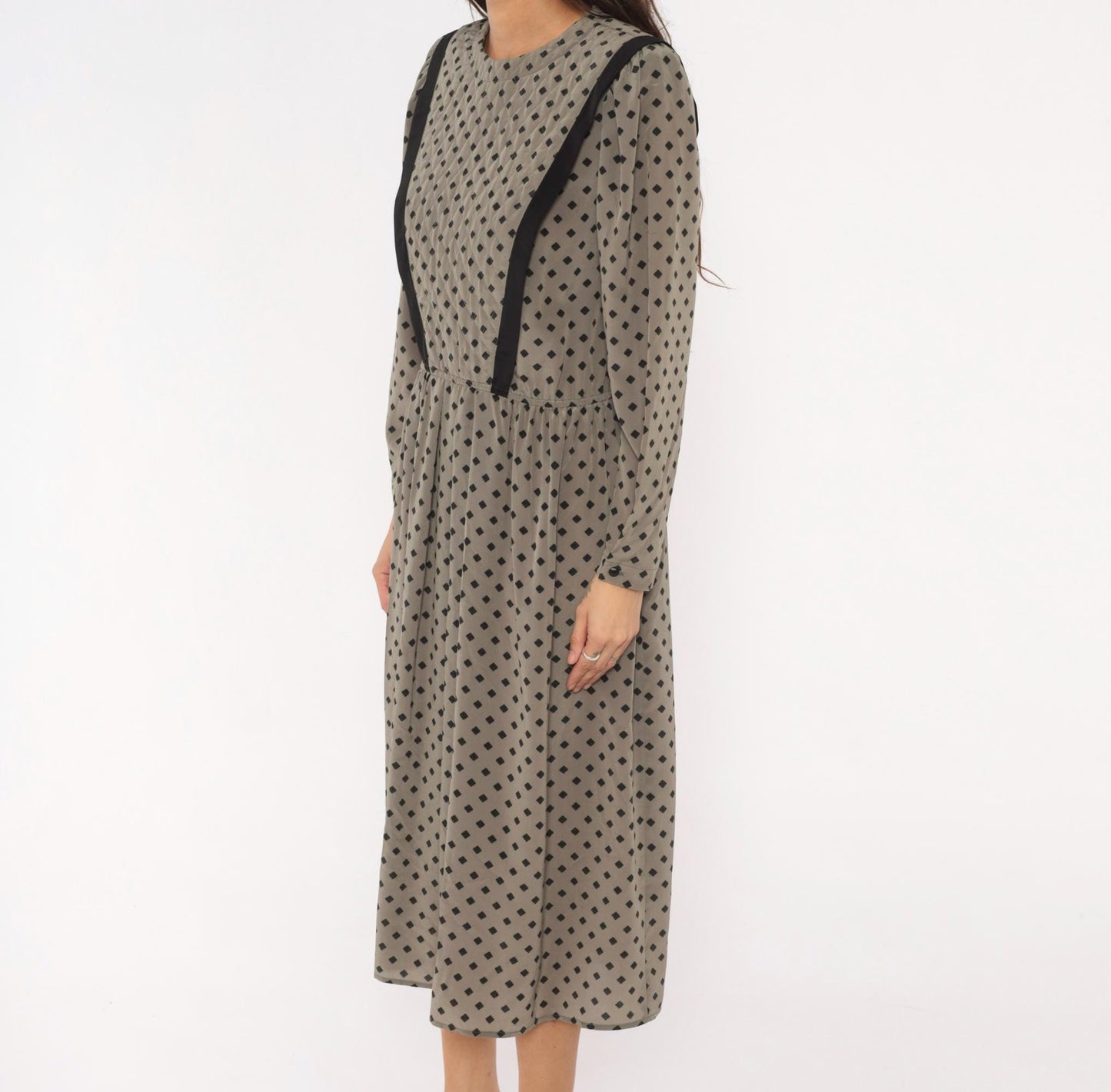 80s Donna Morgan Diamond Print Midi Dress Grey Balloon Sleeve Medium M
