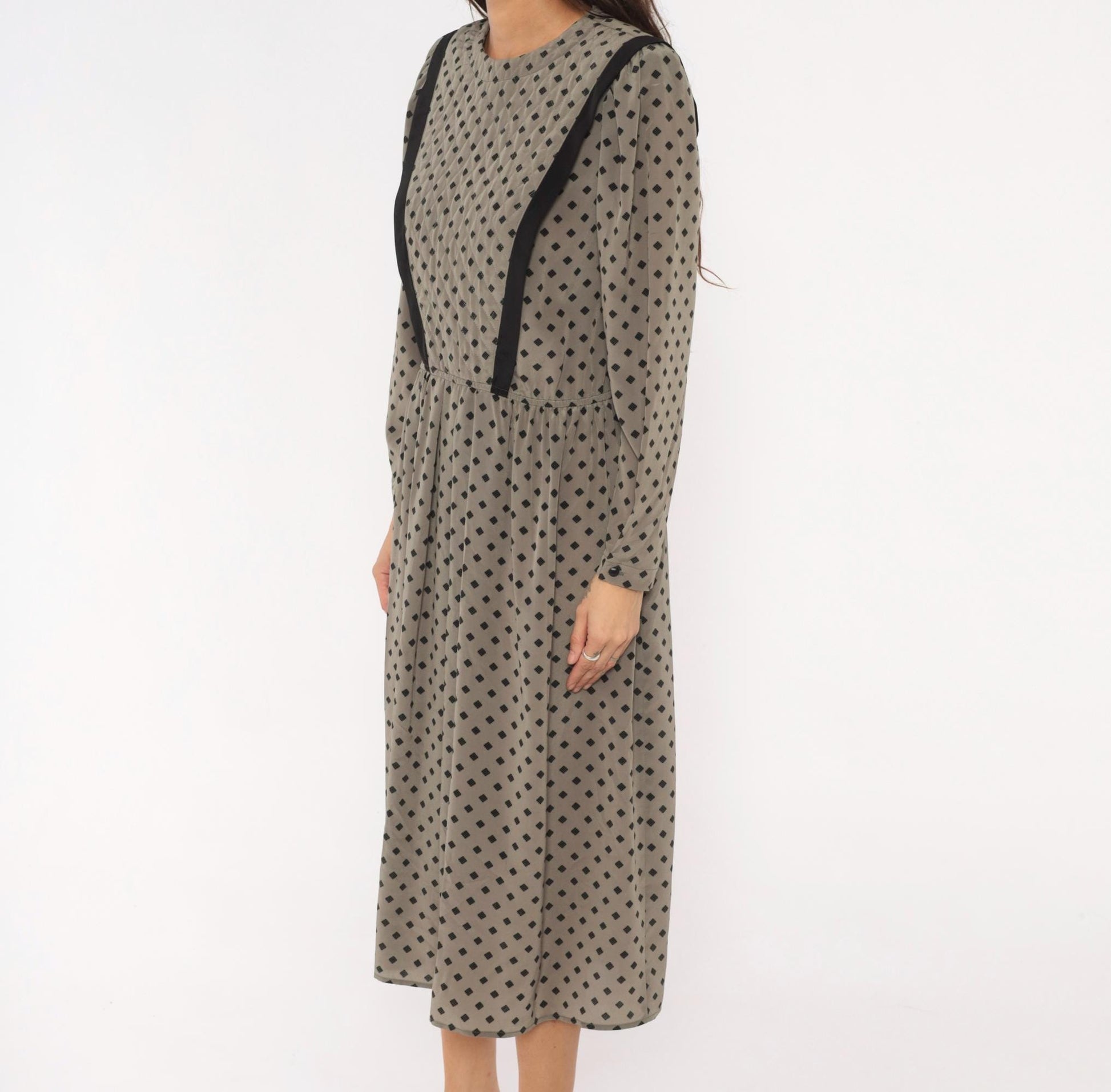 80s Donna Morgan Diamond Print Midi Dress Grey Balloon Sleeve Medium M