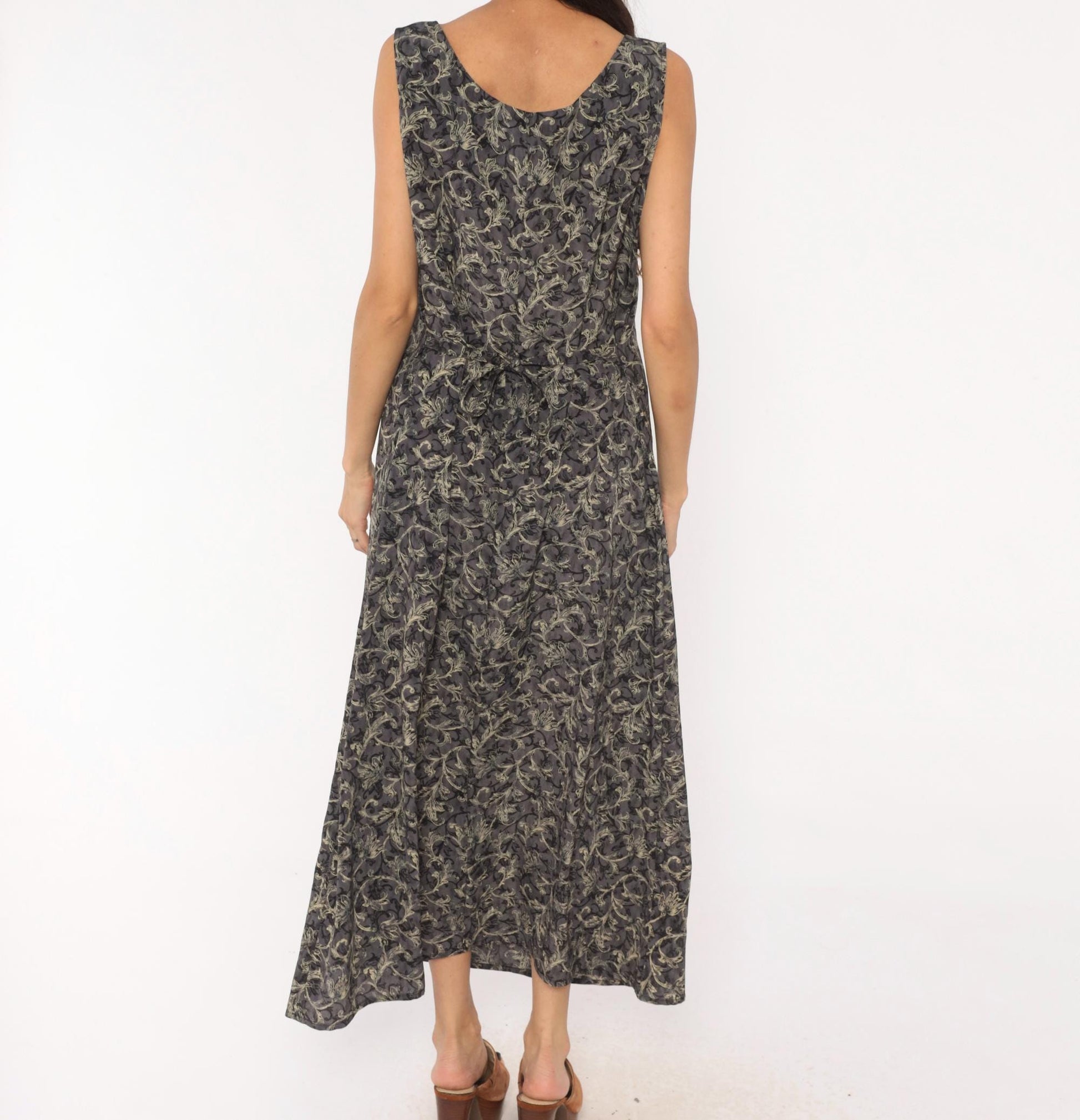 90s Worthington Baroque Maxi Dress Charcoal Floral Tank Tie Back Plus Size 1X