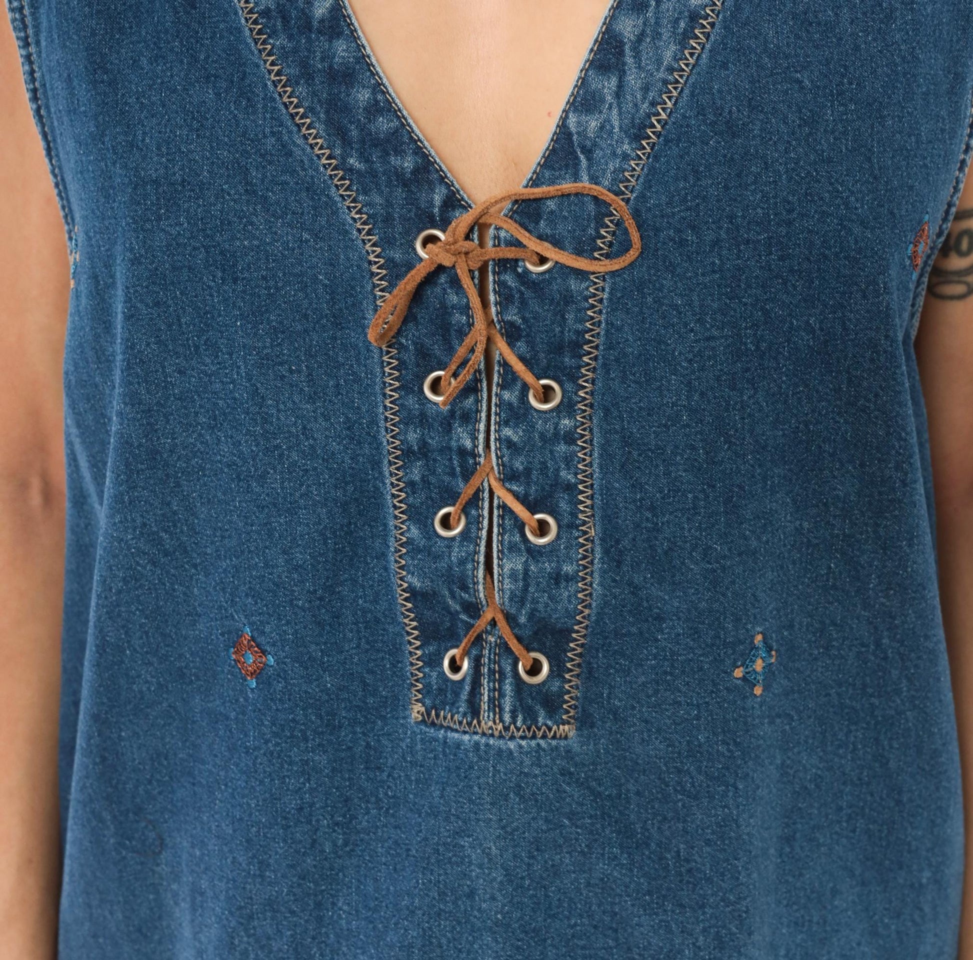 90s J.L. NY Southwestern Denim Dress Embroidered Lace-Up Navy Plus Size XXL