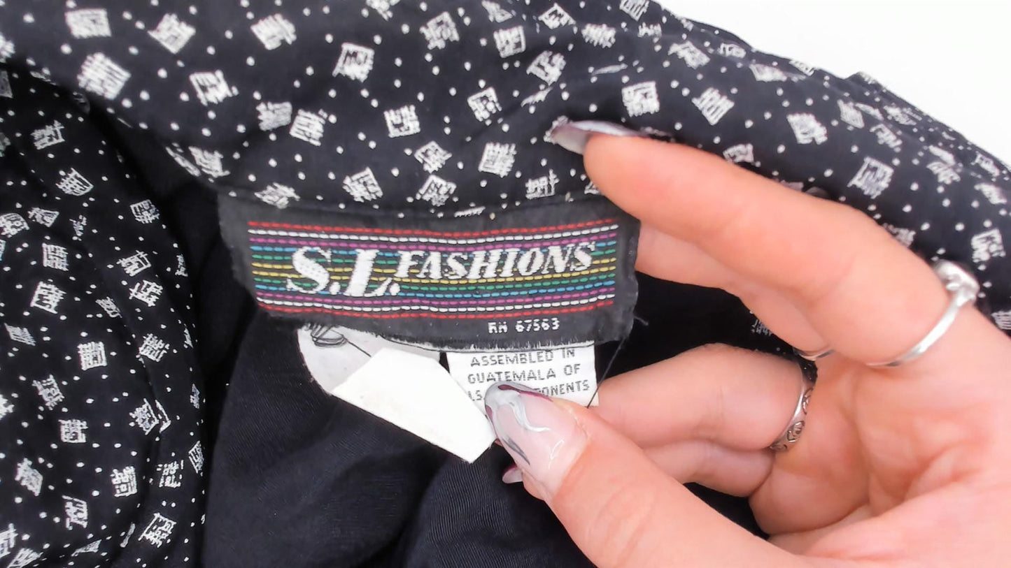 90s SL Fashions Black White Floral Romper Double Breasted Notched Collar Large L