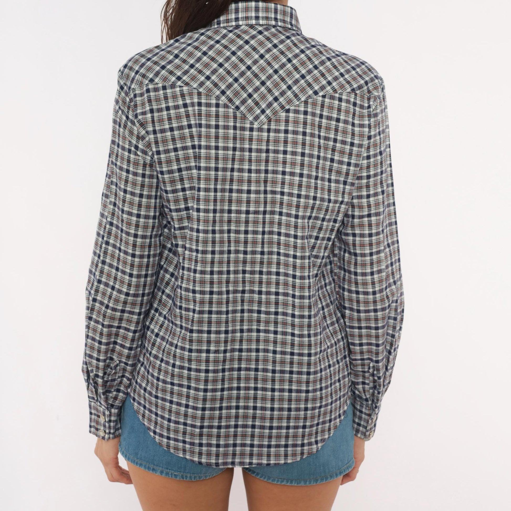 80s Stir Ups Western Plaid Pearl Snap Shirt Navy White Check Cotton Medium