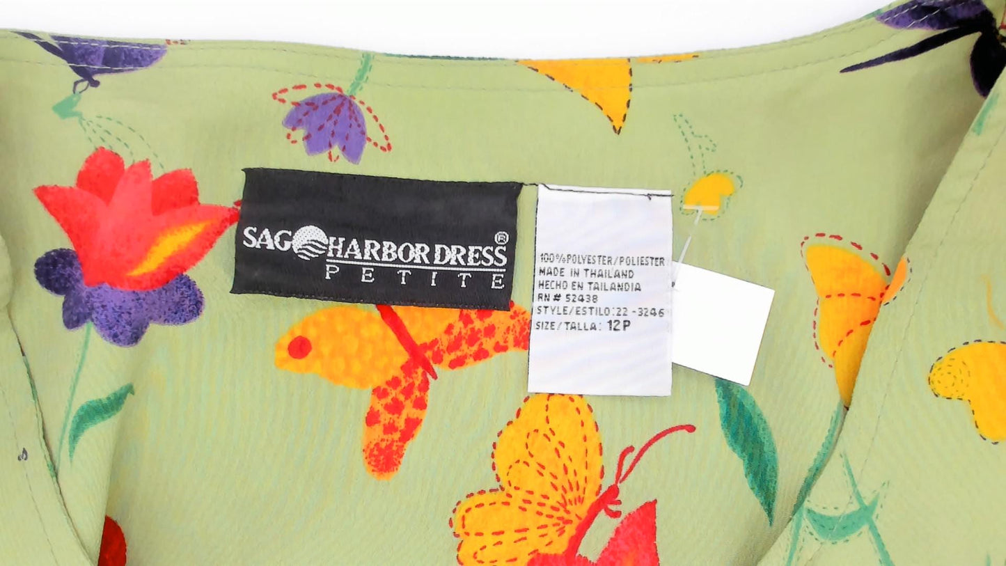 90s Sag Harbor Garden Print Midi Dress Sage Green Floral Petite Large