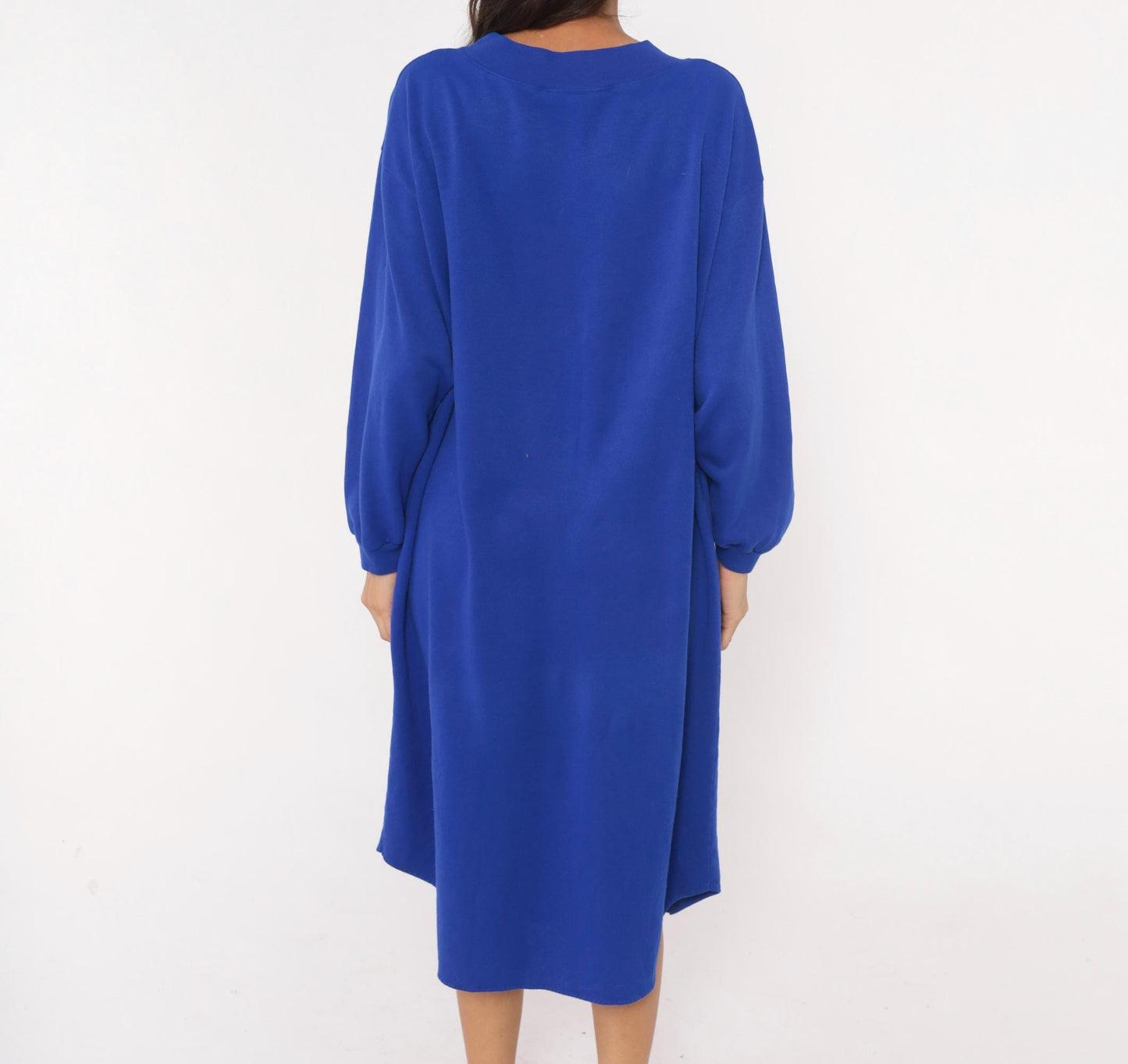 90s Leisure Wear Floral Sweatshirt Dress Cobalt Blue Balloon Sleeve Midi