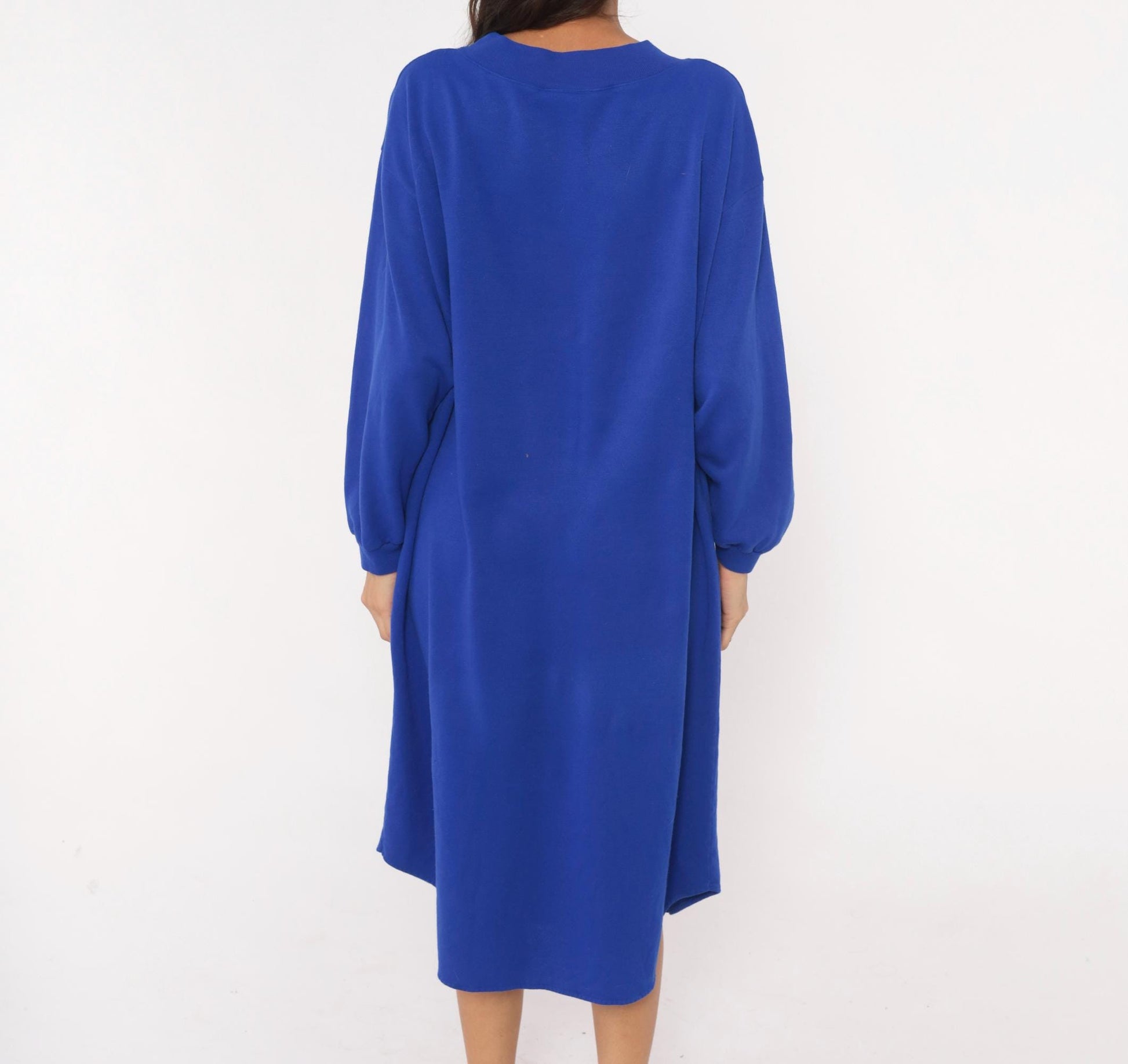 90s Leisure Wear Floral Sweatshirt Dress Cobalt Blue Balloon Sleeve Midi