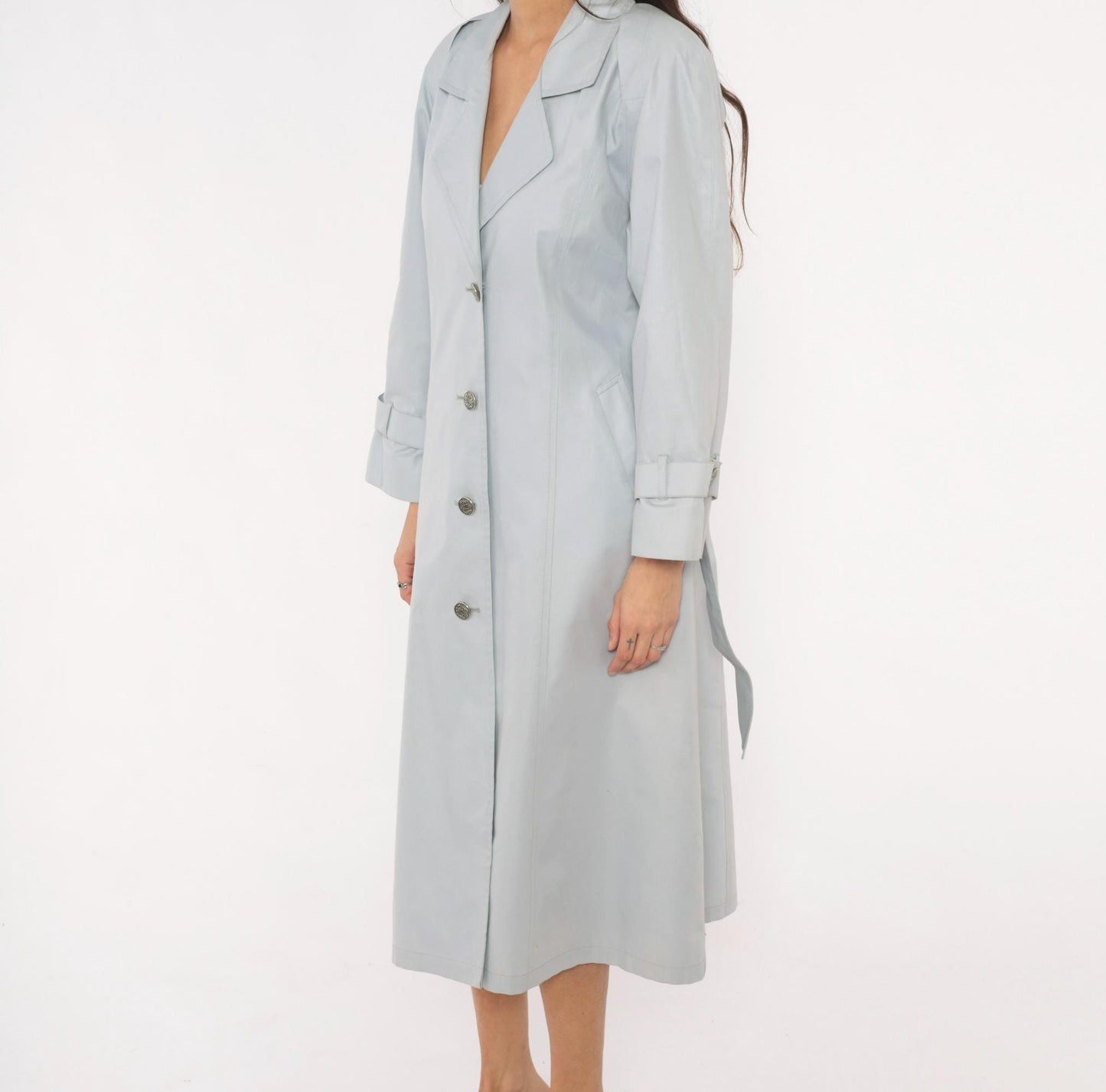 80s London Fog Trench Coat Blue Grey Belted Single Breasted Medium