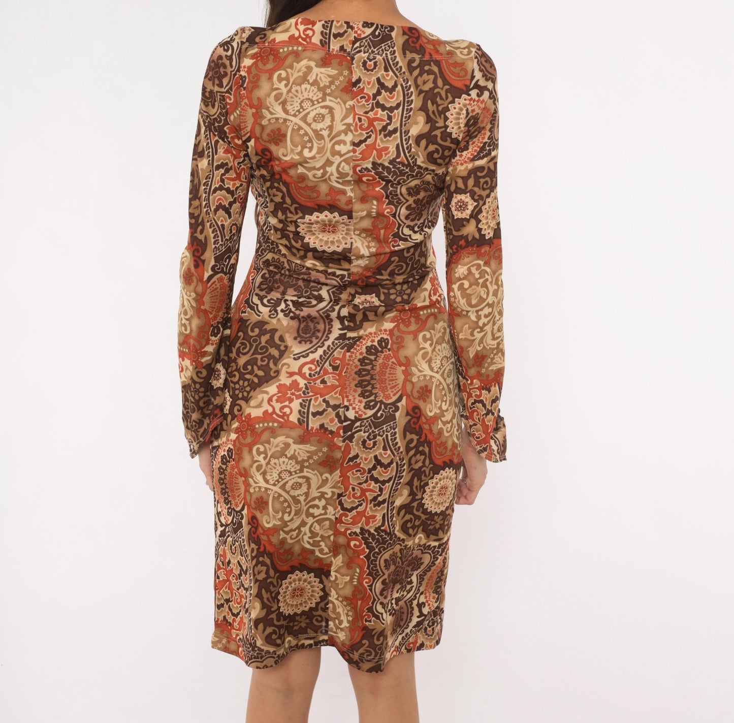 Y2K Moa Moa Paisley Medallion Dress Long Sleeve Boat Neck Brown Tan Medium M