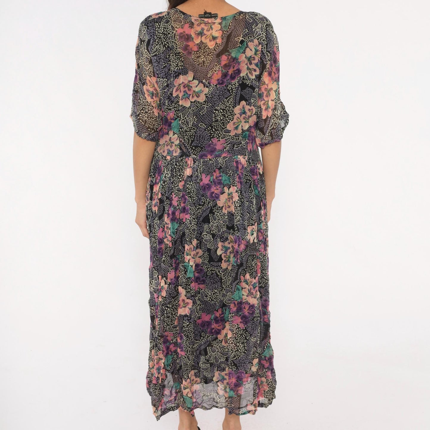 90s Nostalgia Floral Midi Dress Button Front Short Sleeve Purple Pink Teal Medium
