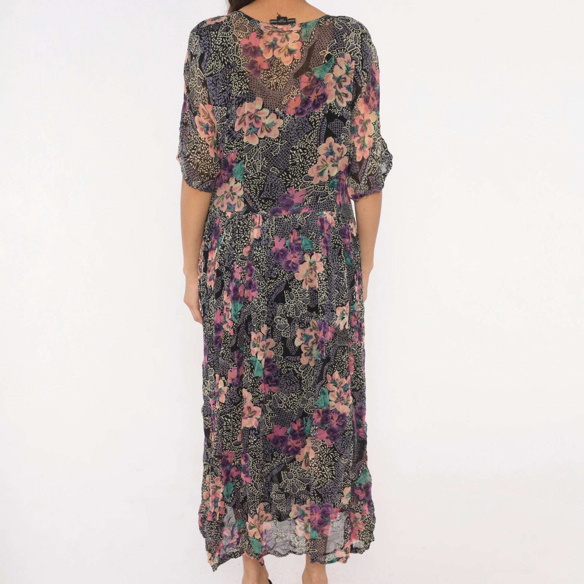 90s Nostalgia Floral Midi Dress Button Front Short Sleeve Purple Pink Teal Medium