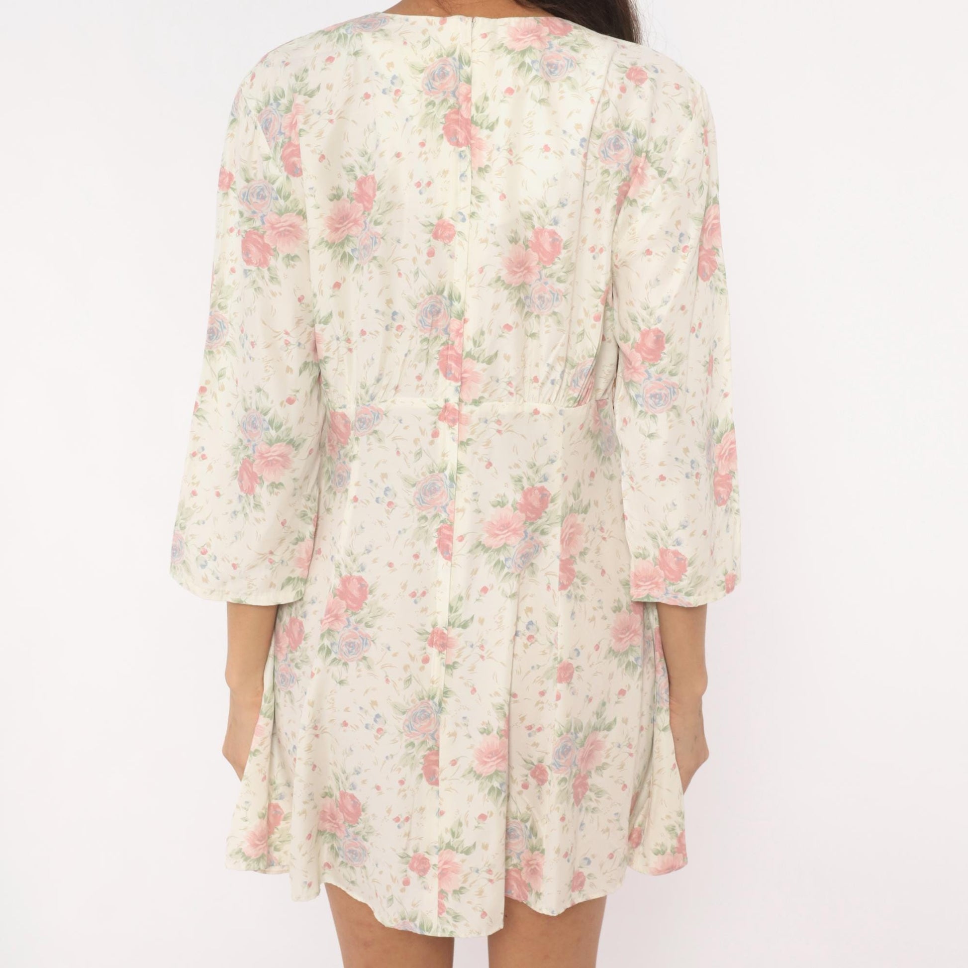 90s Eber Rose Floral Mini Dress Cream V-Neck Rosette Large L