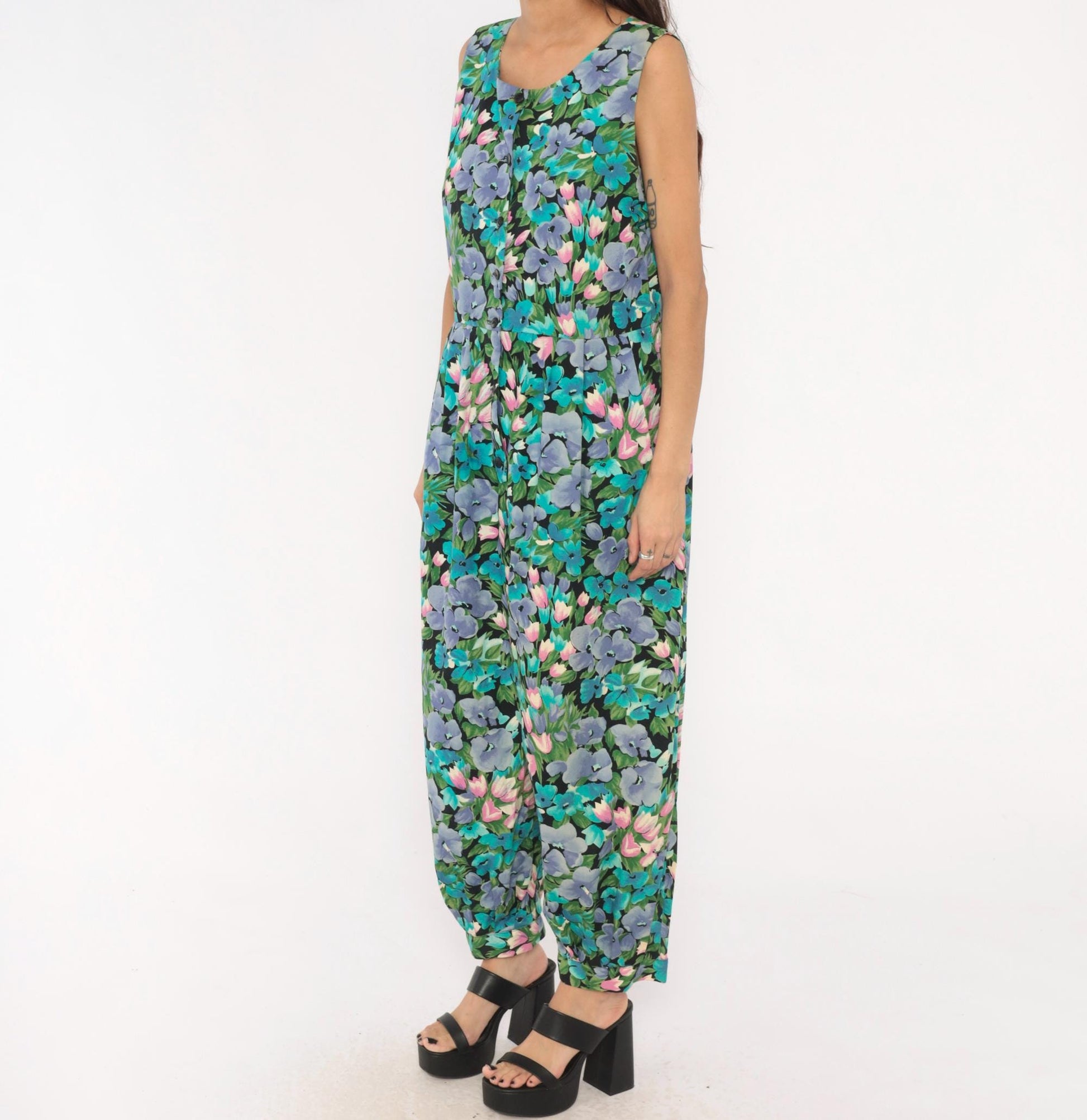 90s Maggie Breen Floral Jumpsuit Sleeveless Cotton Wide Leg Black Garden Print Medium
