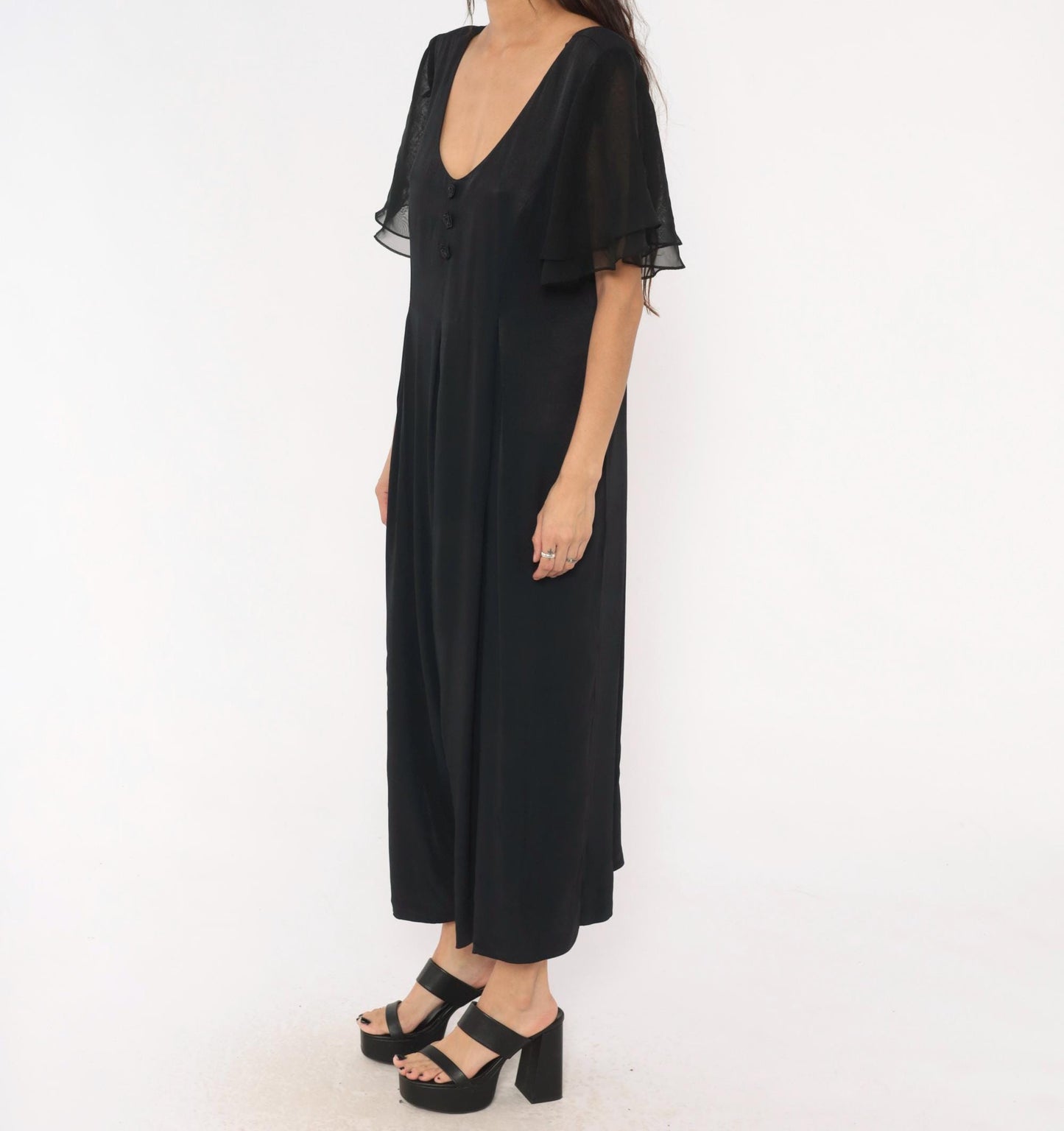 90s Jaffery & Dane Black Jumpsuit Flutter Sleeve Wide Leg Pleated Waist Large L