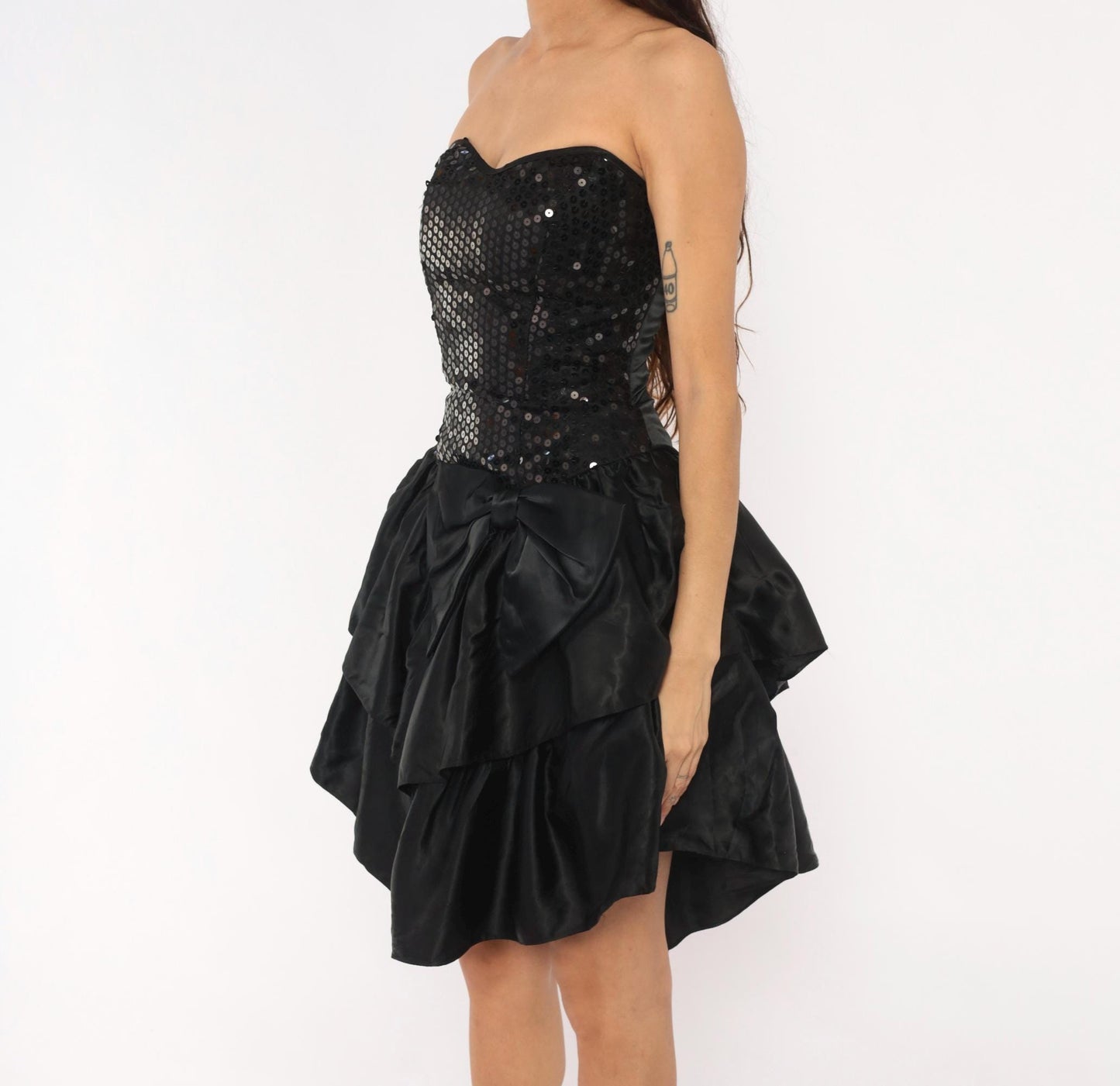 90s Roberta Black Sequin Strapless Mini Dress Sweetheart Neckline XS