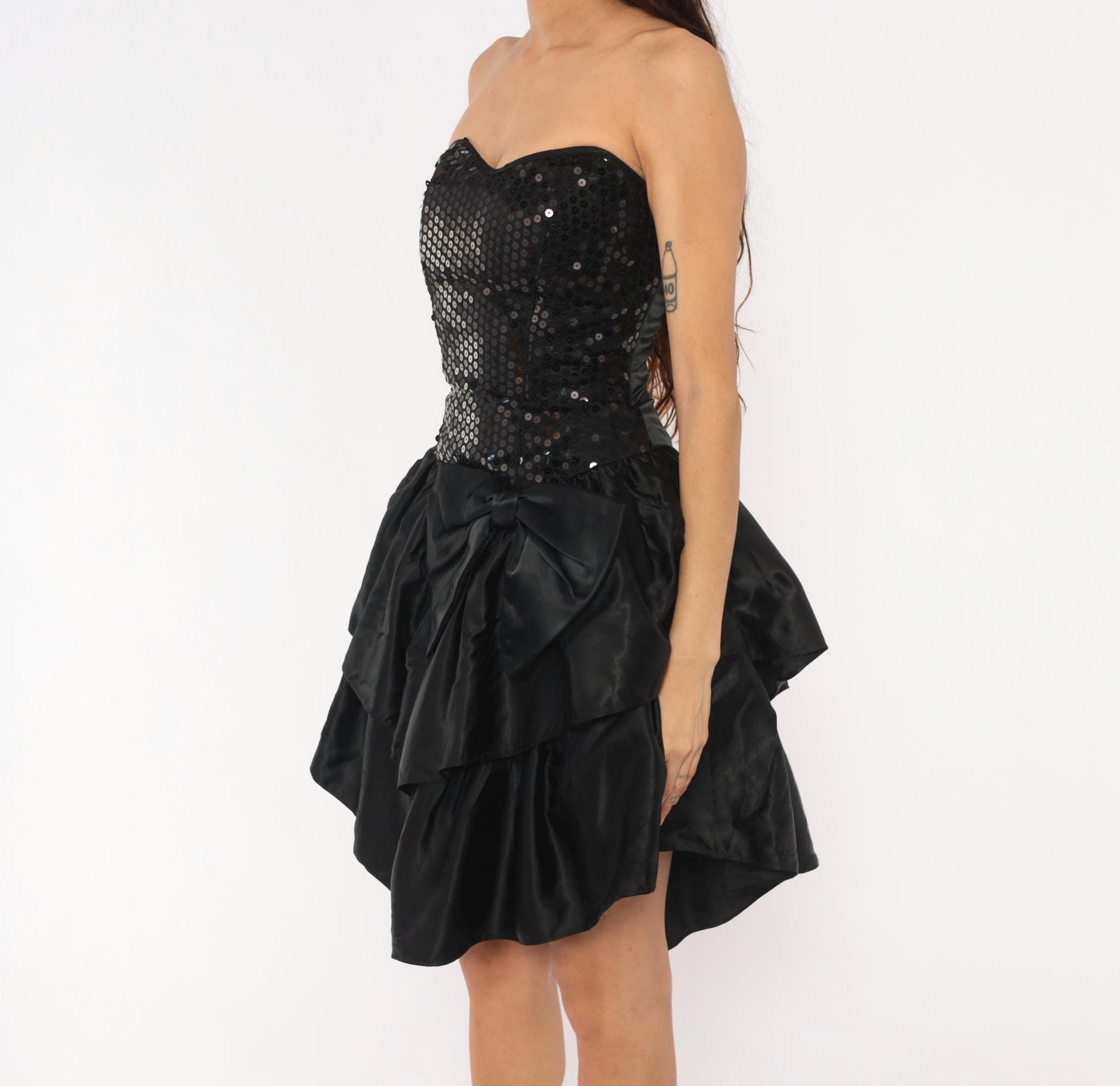 90s Roberta Black Sequin Strapless Mini Dress Sweetheart Neckline XS