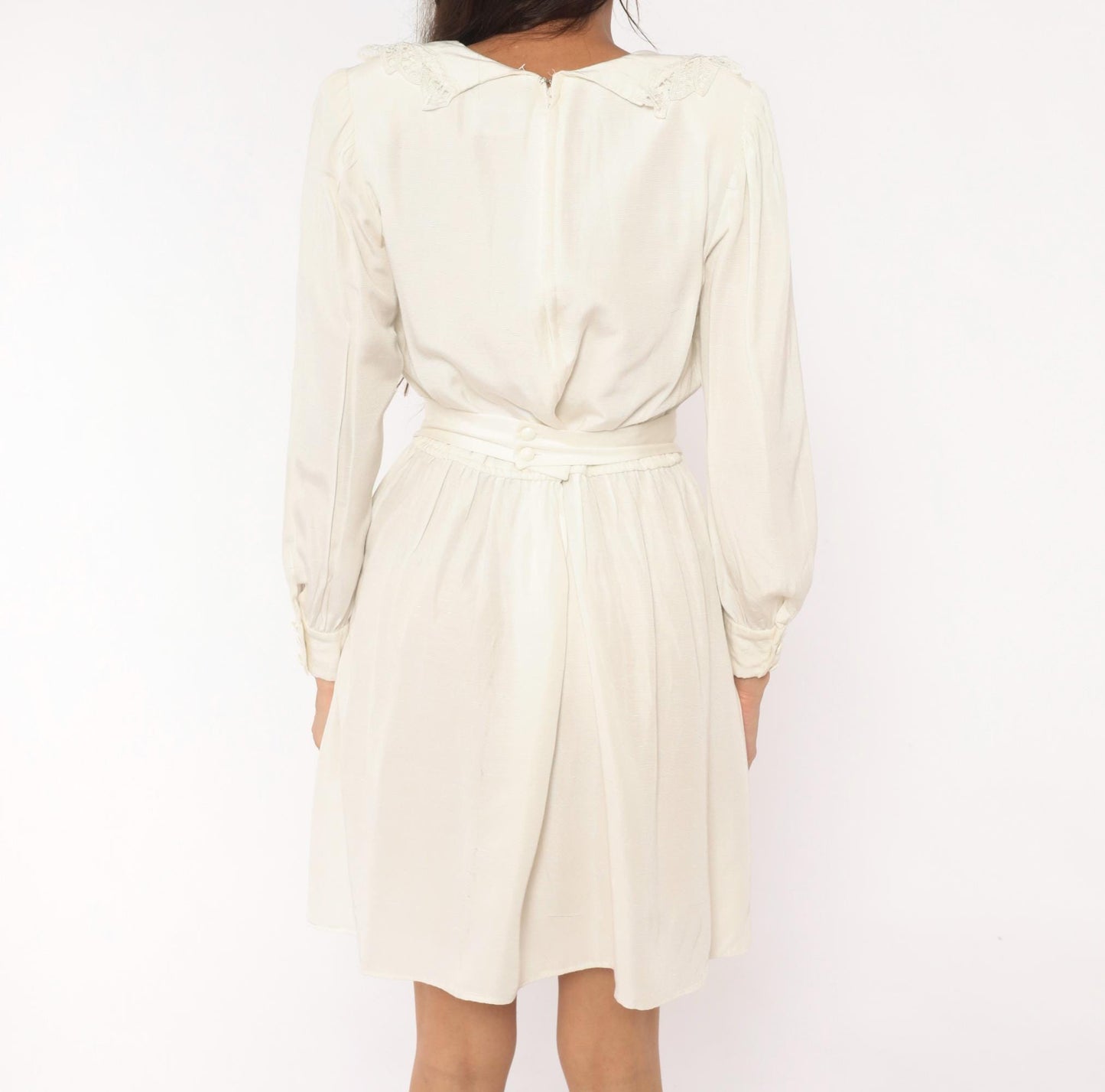 80s Lanz Originals Cream Lace Collar Puff Sleeve Dress Pleated Skirt Small S