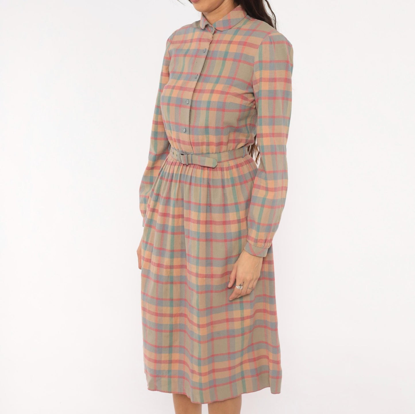 80s St. Maxime Plaid Shirtdress Peter Pan Collar Pastel Pink Blue Tan Medium
