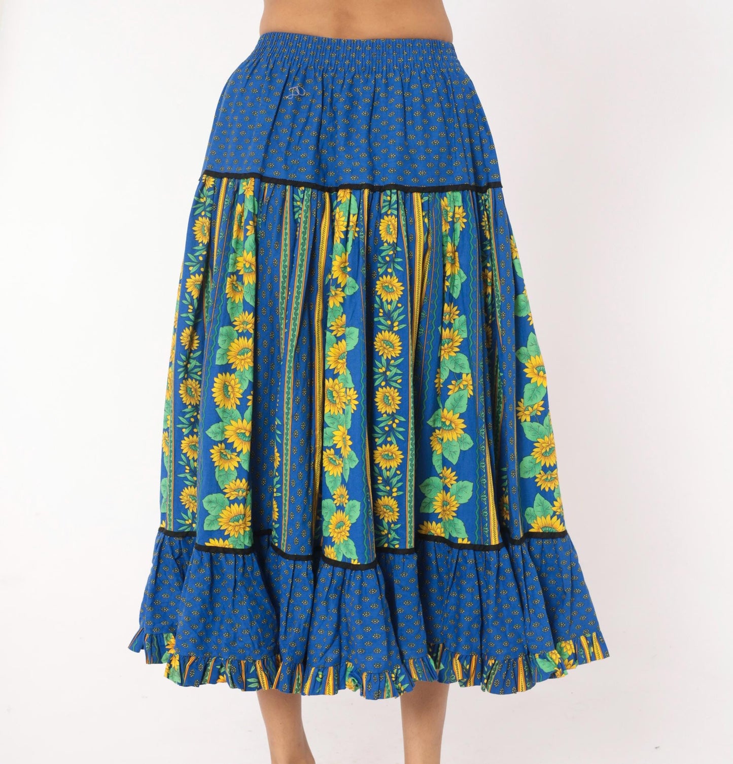 90s Solymod Sunflower Tiered Midi Skirt Blue Cotton Ruffle Small