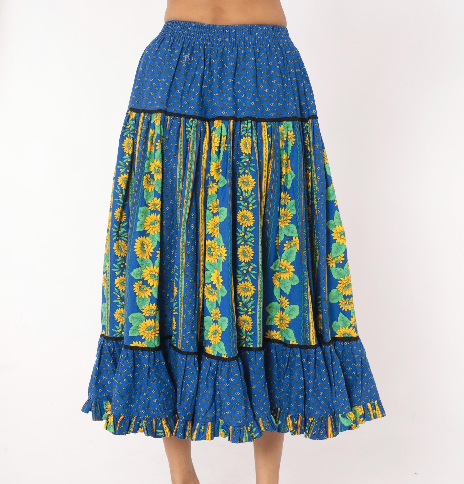 90s Solymod Sunflower Tiered Midi Skirt Blue Cotton Ruffle Small