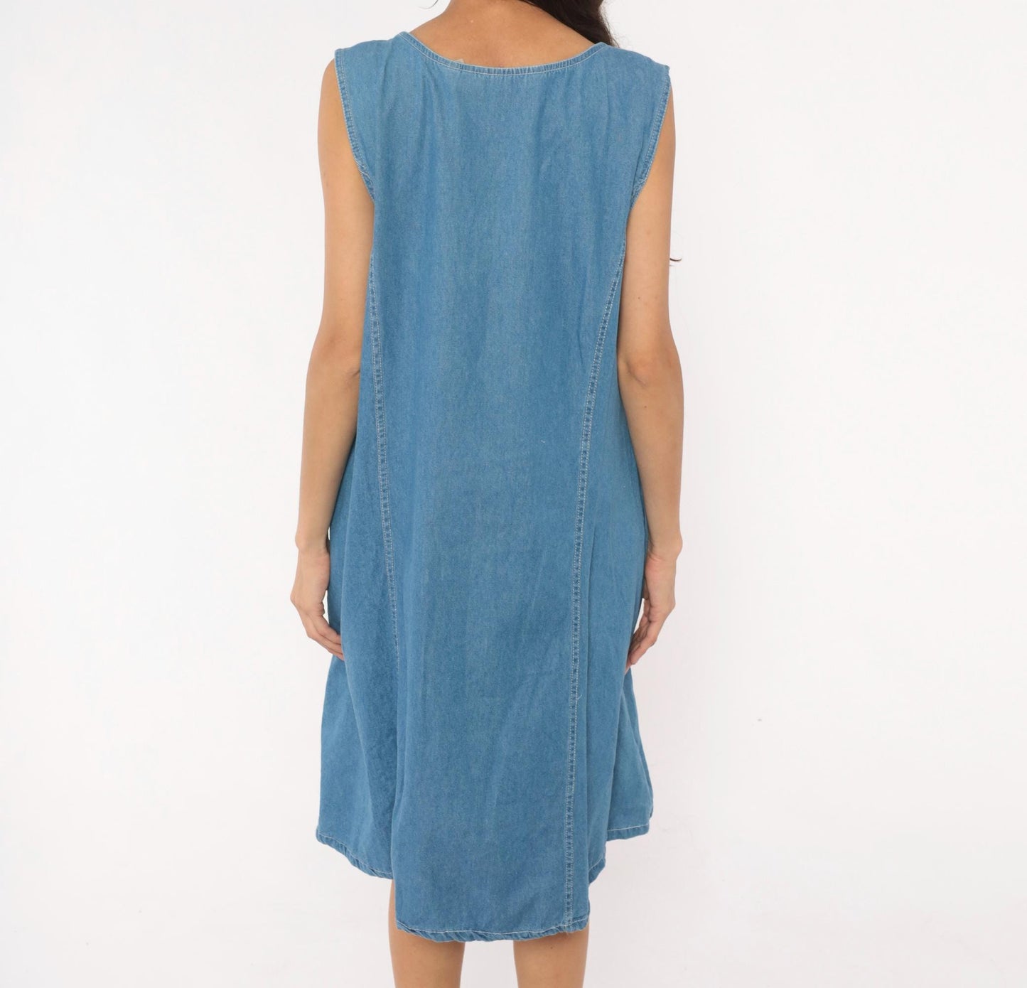90s Denim Jazz Jumper Dress Sleeveless Scoop Neck Blue Shift Large L