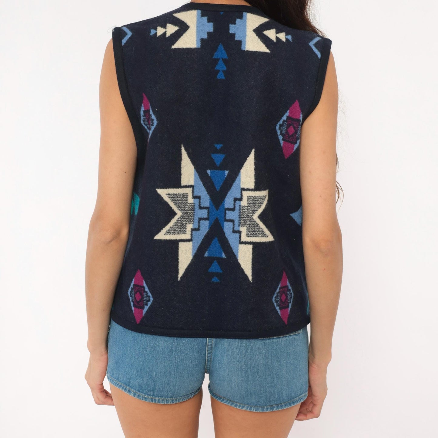 90s Southwestern Wool Vest Navy Geometric Aztec Concho Buttons Large L