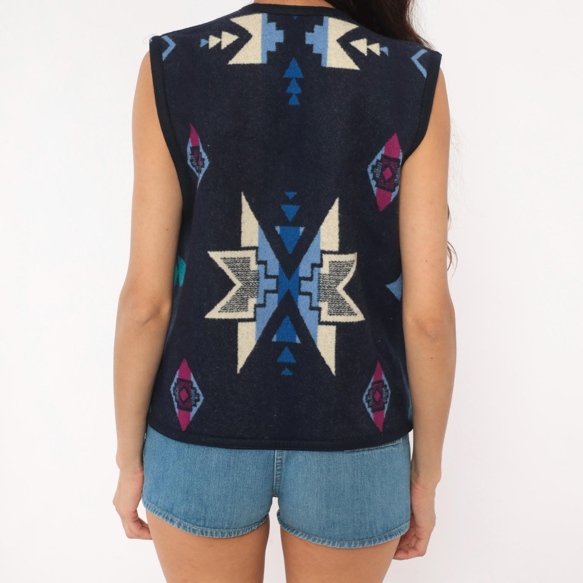 90s Southwestern Wool Vest Navy Geometric Aztec Concho Buttons Large L
