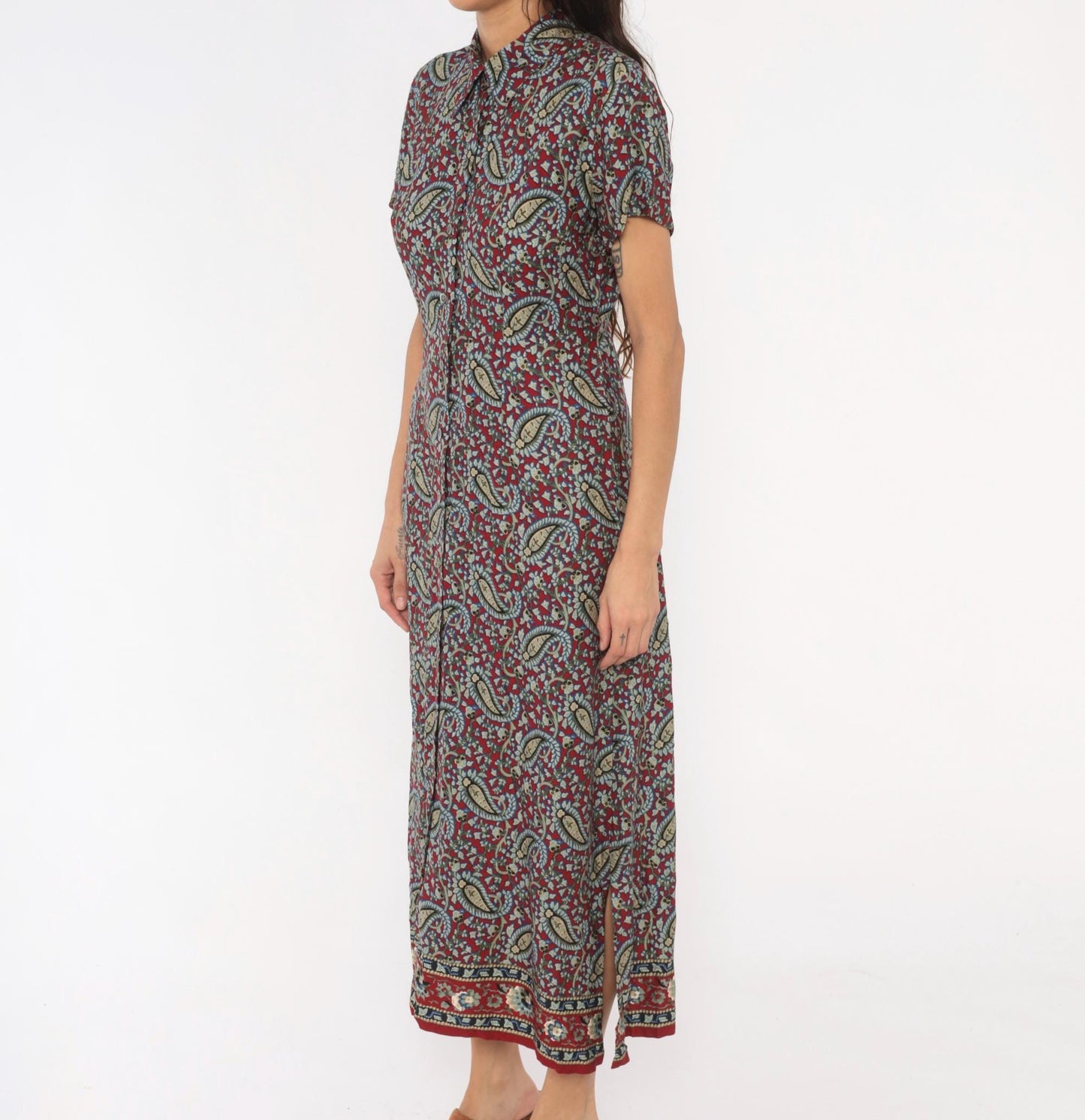 90s Crazy Horse Paisley Maxi Shirtdress Burgundy Small S