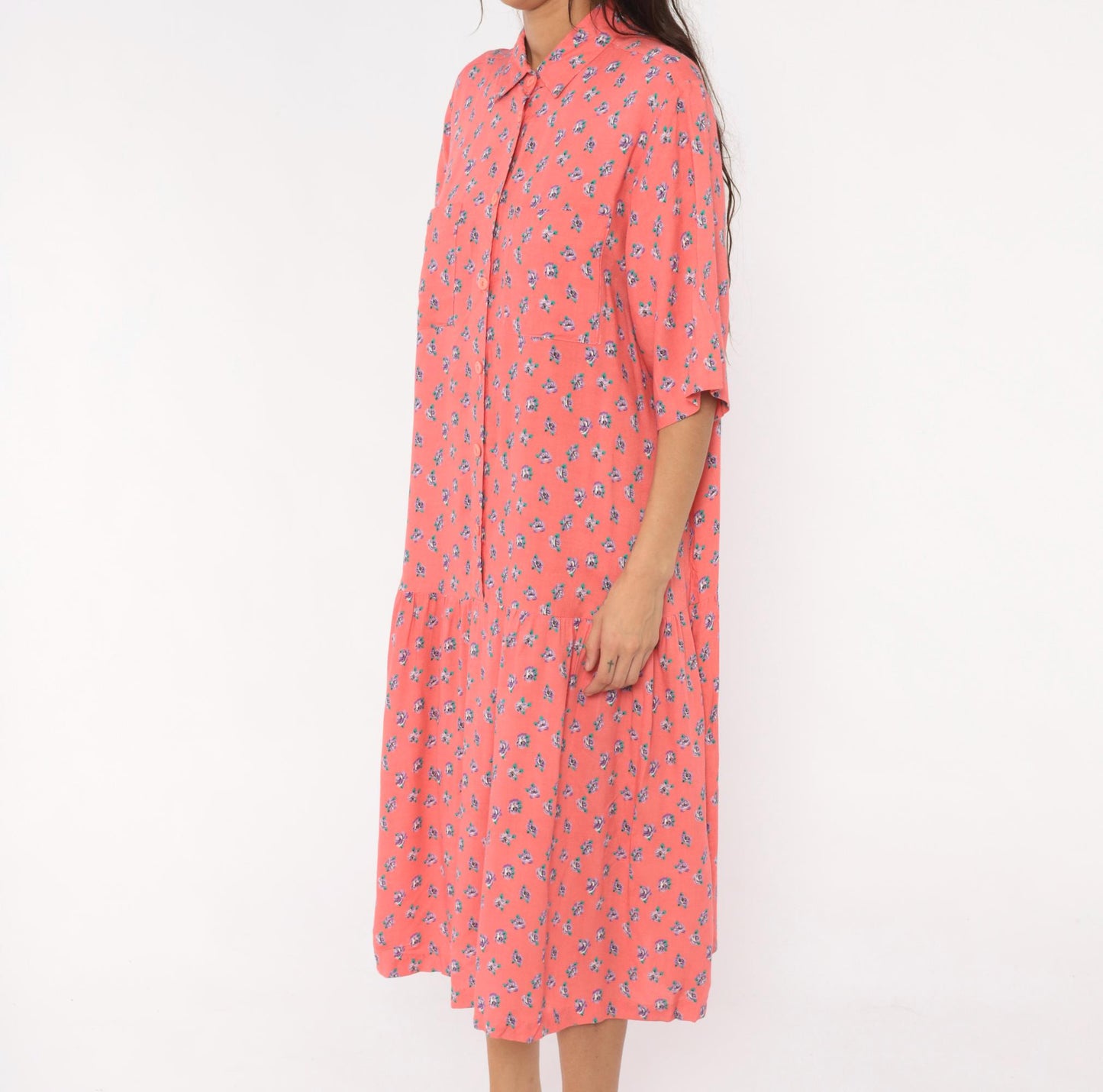 90s Mothercare Maternity Coral Rose Print Midi Dress Button Front Large L