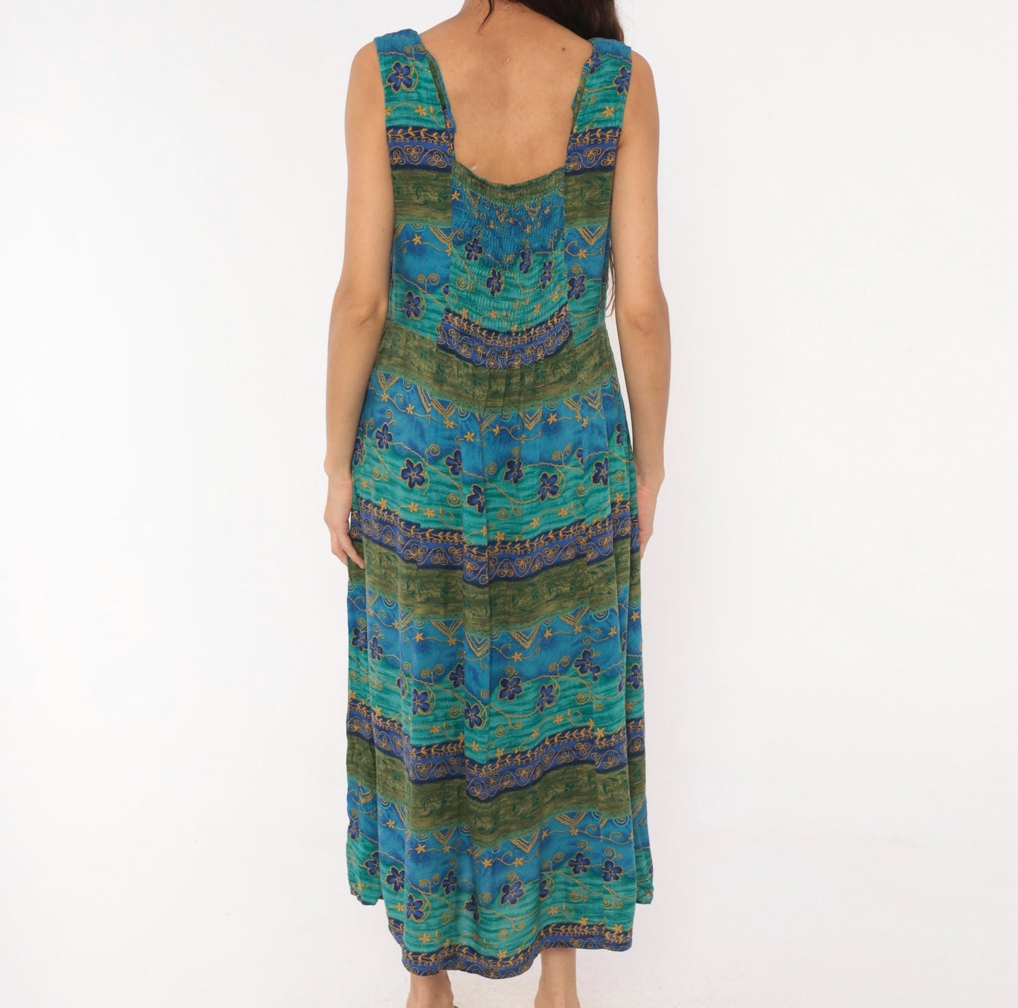 90s Tribal Floral Midi Dress Teal Blue Green Gold Tie Waist Tank Medium M