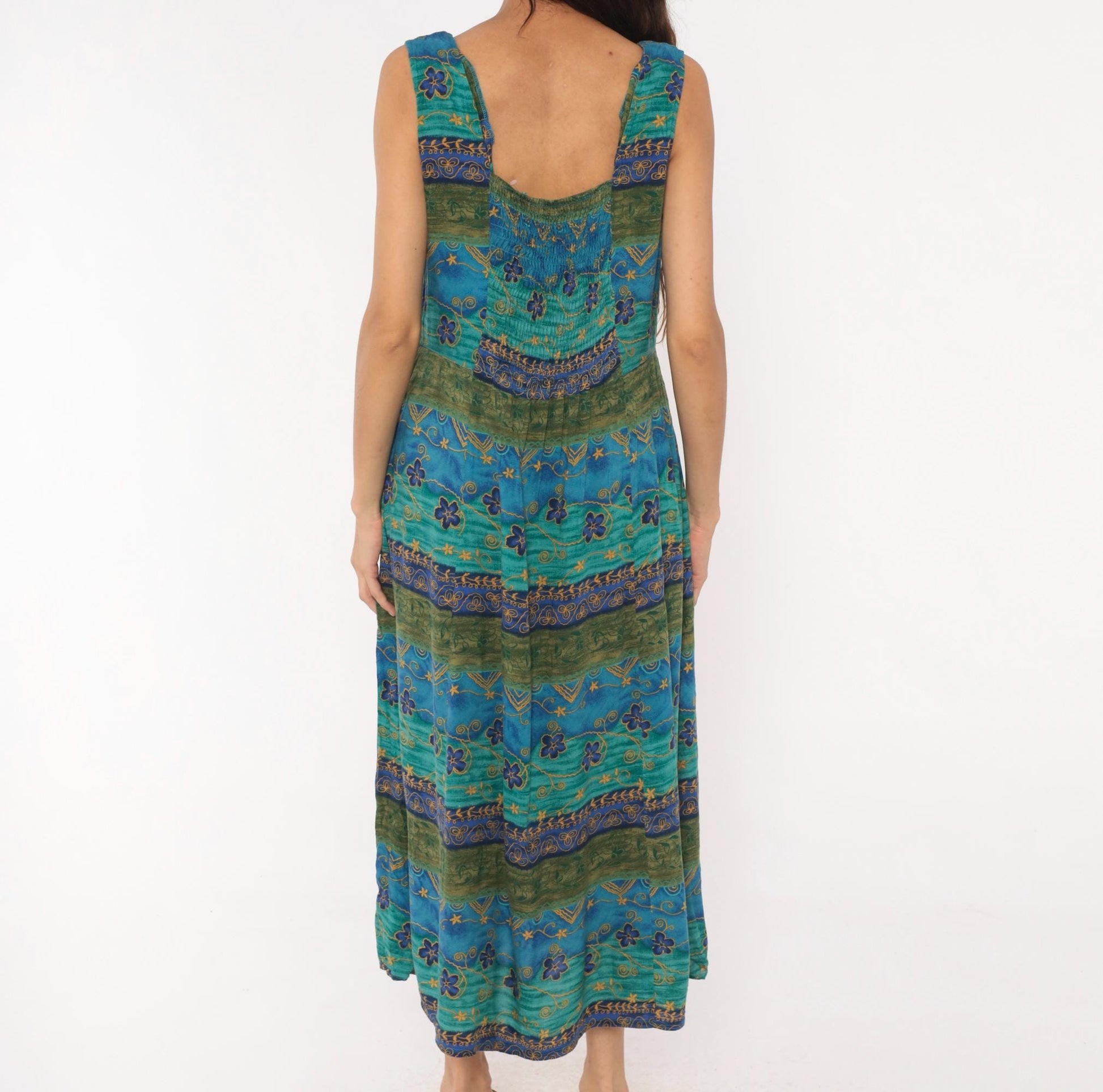 90s Tribal Floral Midi Dress Teal Blue Green Gold Tie Waist Tank Medium M