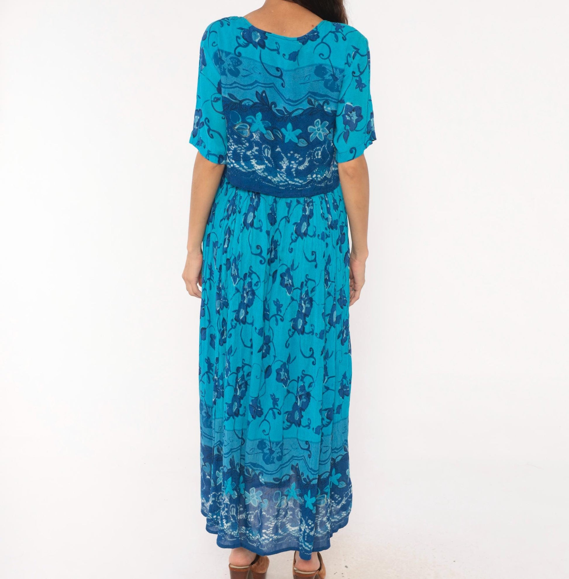 90s Style Teal Floral Maxi Dress Short Sleeve Vine Print Blue Medium M