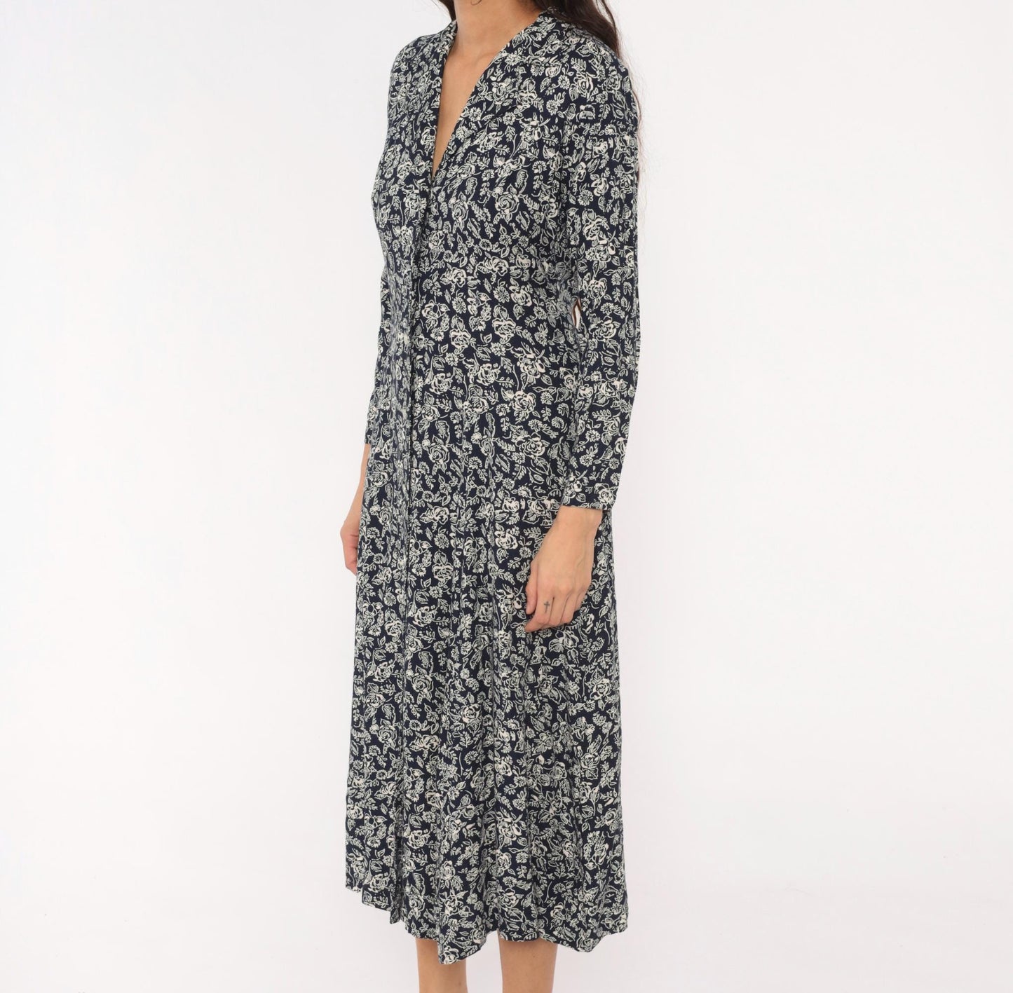 90s Two Twenty Floral Button Front Midi Dress Navy Cream Rose Print Medium M
