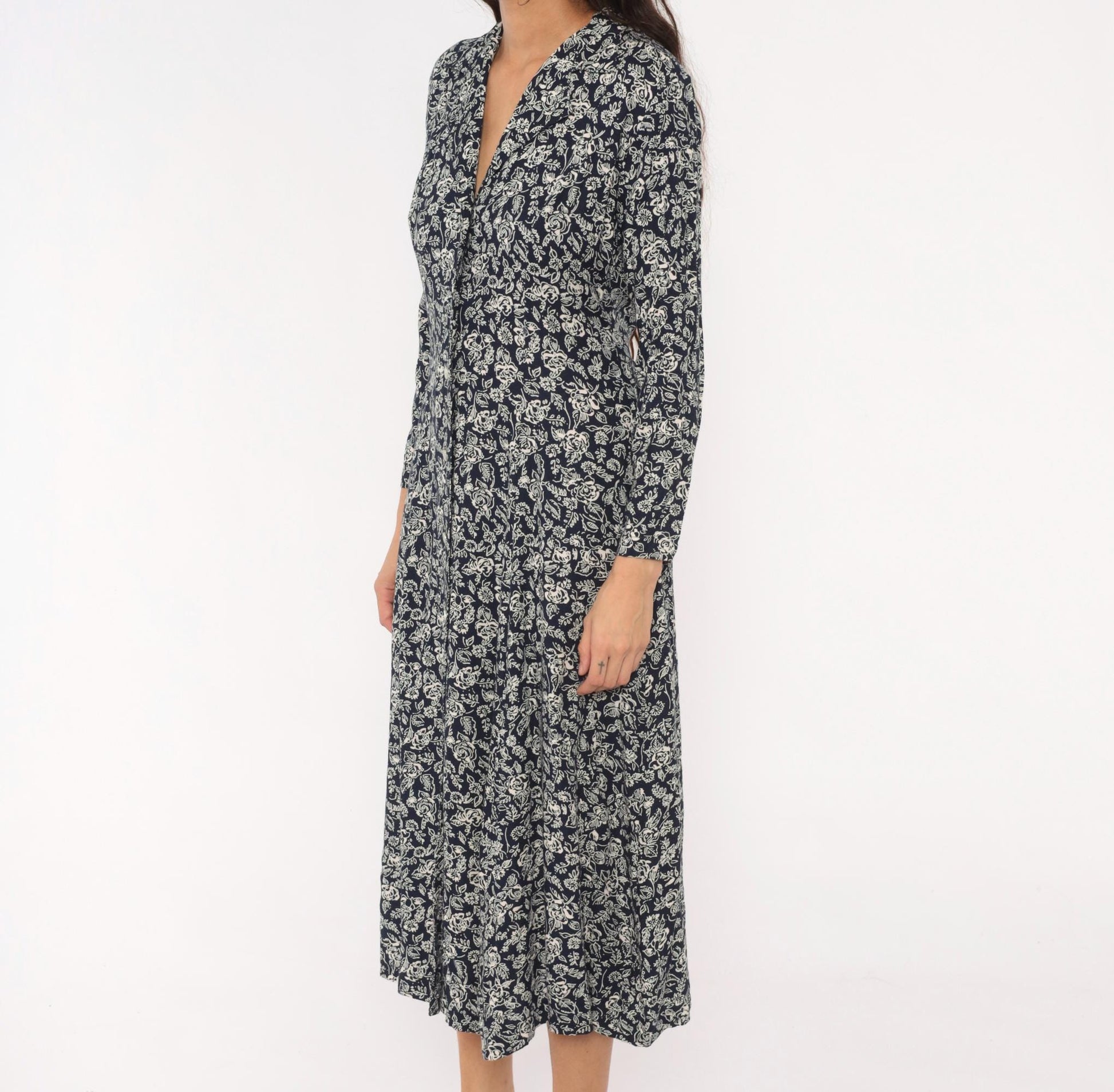 90s Two Twenty Floral Button Front Midi Dress Navy Cream Rose Print Medium M