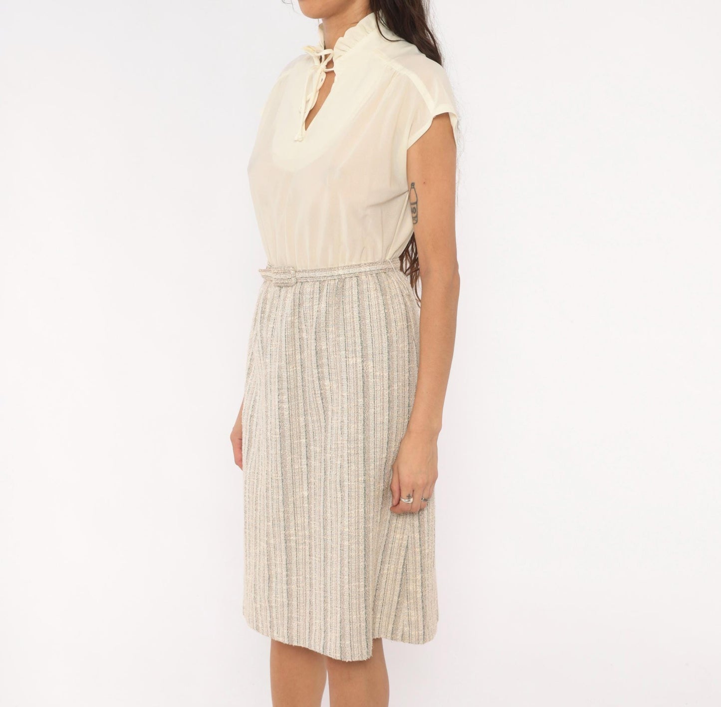 80s Berg Ray Two-Piece Set Sheer Cream Blouse Tan Tweed Skirt Medium M