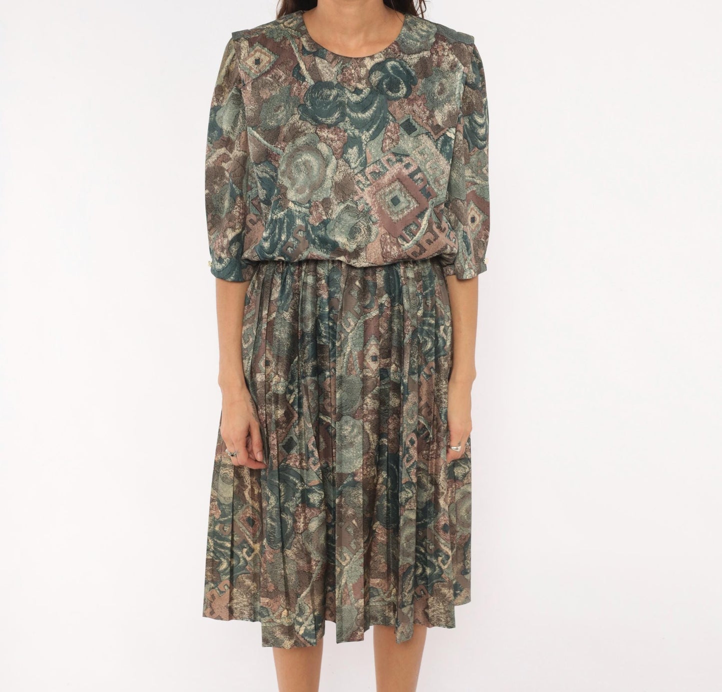 80s M.C.S.Ltd. Abstract Floral Patchwork Dress Puff Sleeve Pleated Knee Teal Medium Large