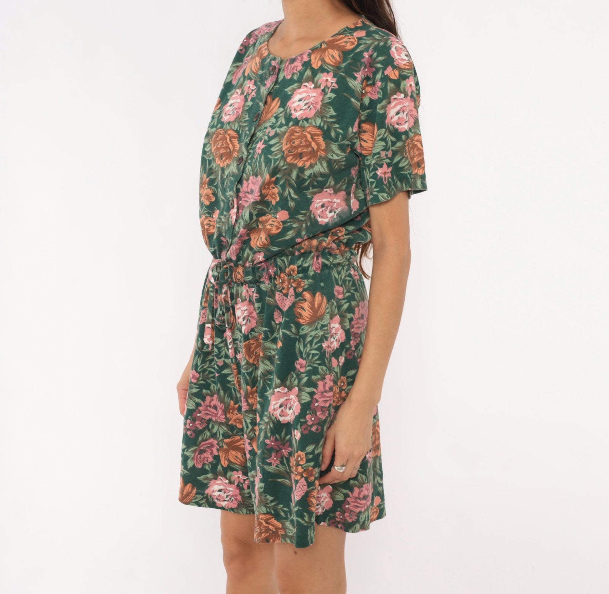 90s Shenanigans Floral Romper Green Pink Rose Drawstring Waist Medium M