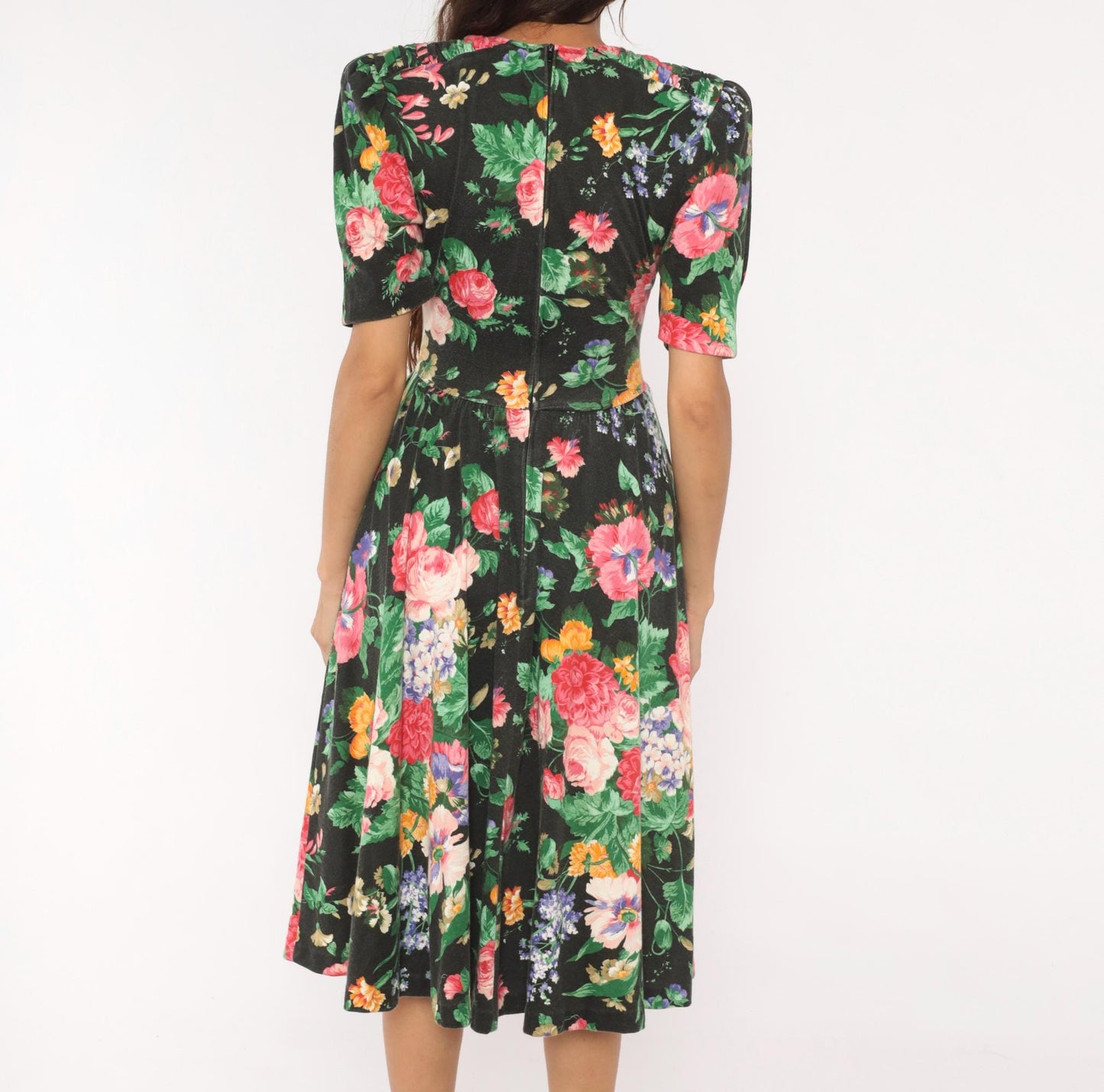90s Expo Petite Floral Midi Dress Black Pink Puff Sleeve Small