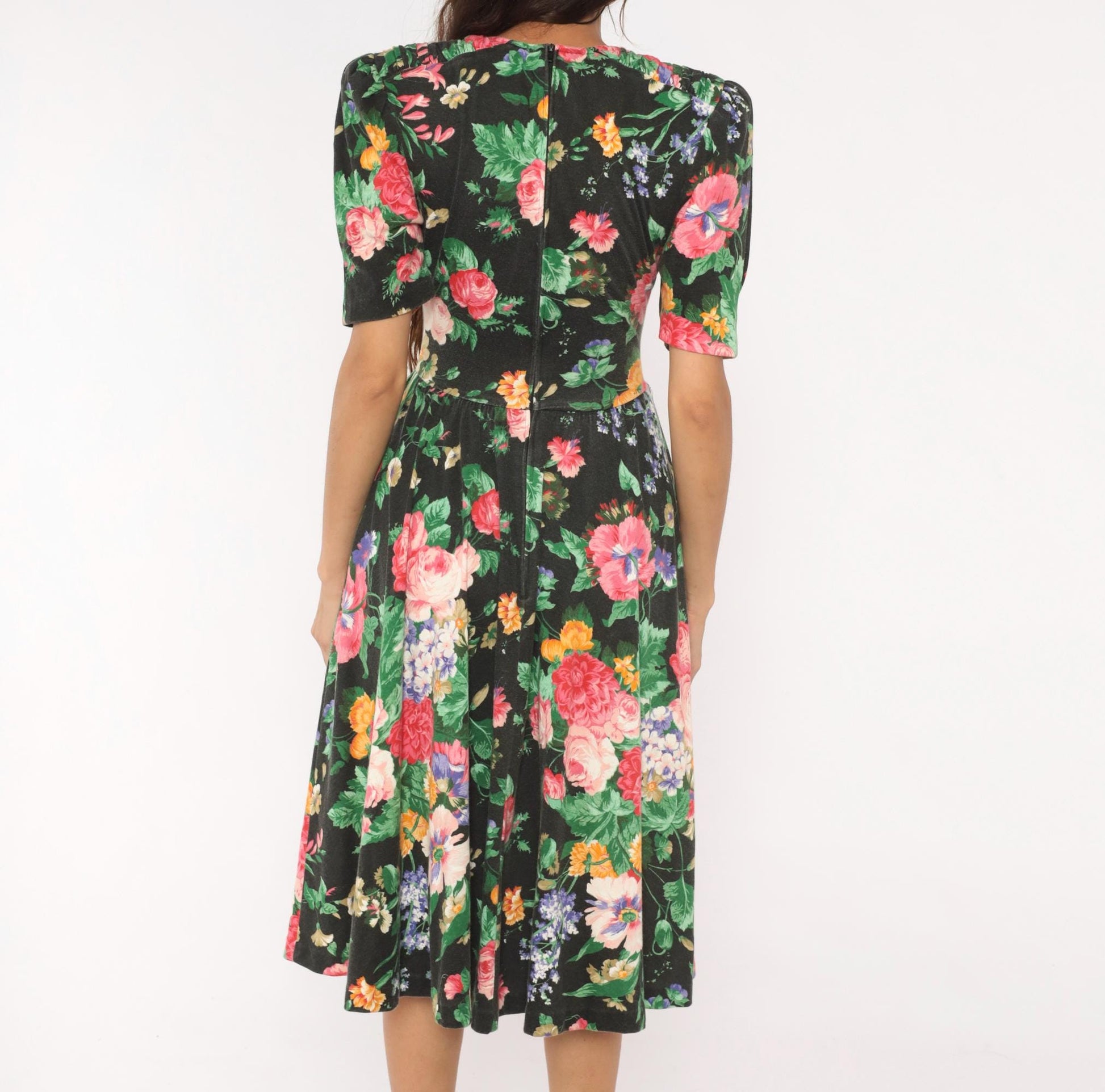 90s Expo Petite Floral Midi Dress Black Pink Puff Sleeve Small