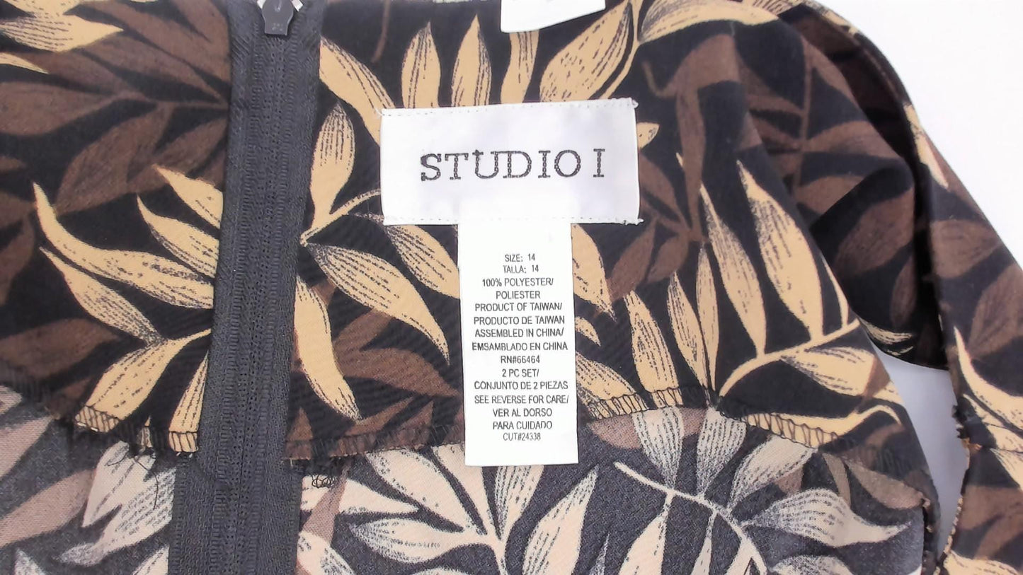 90s Studio I Tropical Leaf Print Midi Dress Sleeveless V-Neck Black Large L