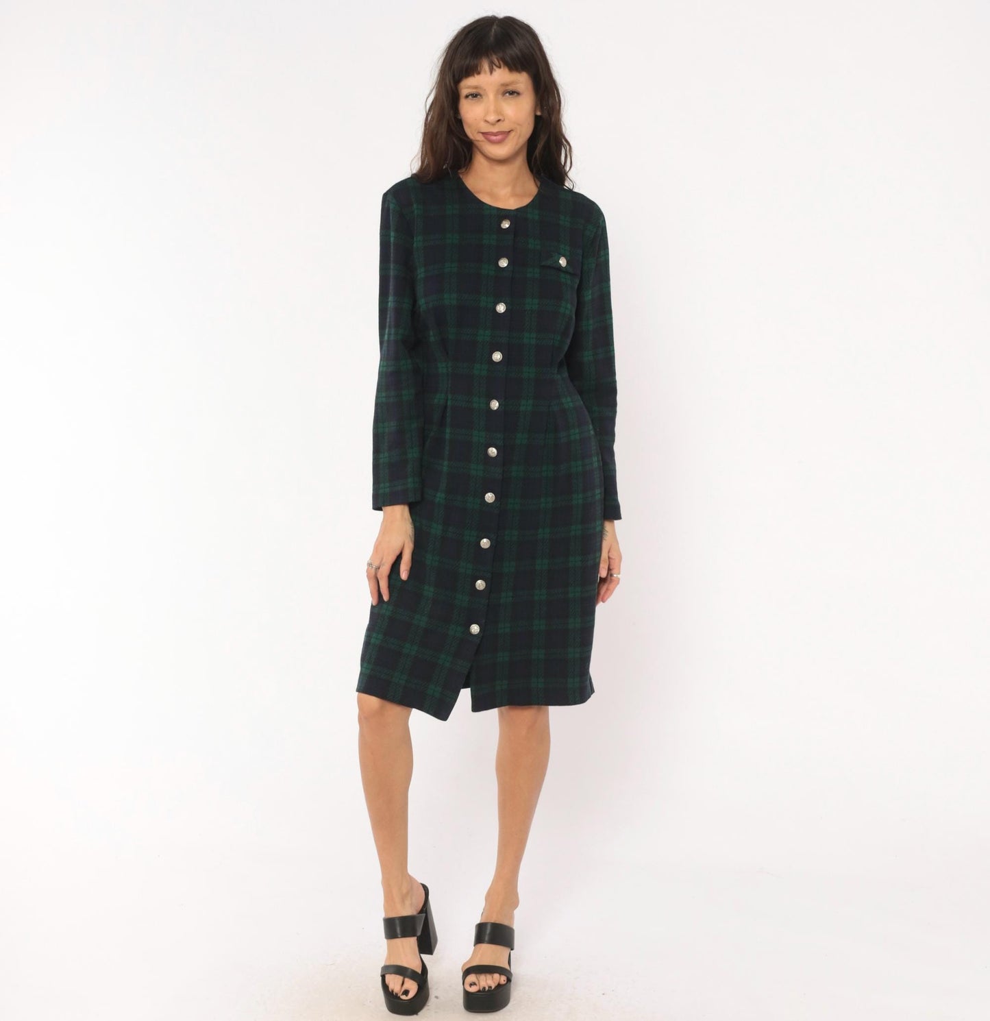 90s Miss Dorby Tartan Plaid Button-Front Shirtdress Navy Teal Cotton Large L